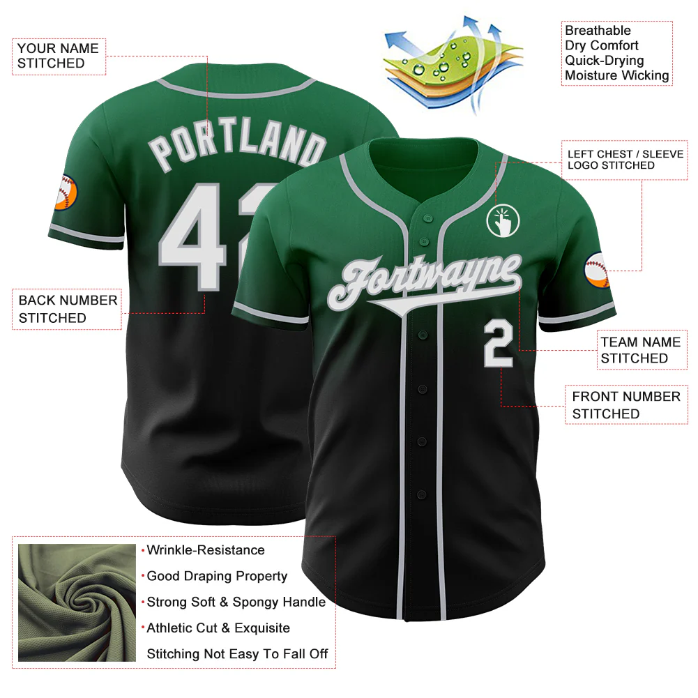 Custom Kelly Green Black-Gray Authentic Fade Fashion Baseball Jersey - Image 3