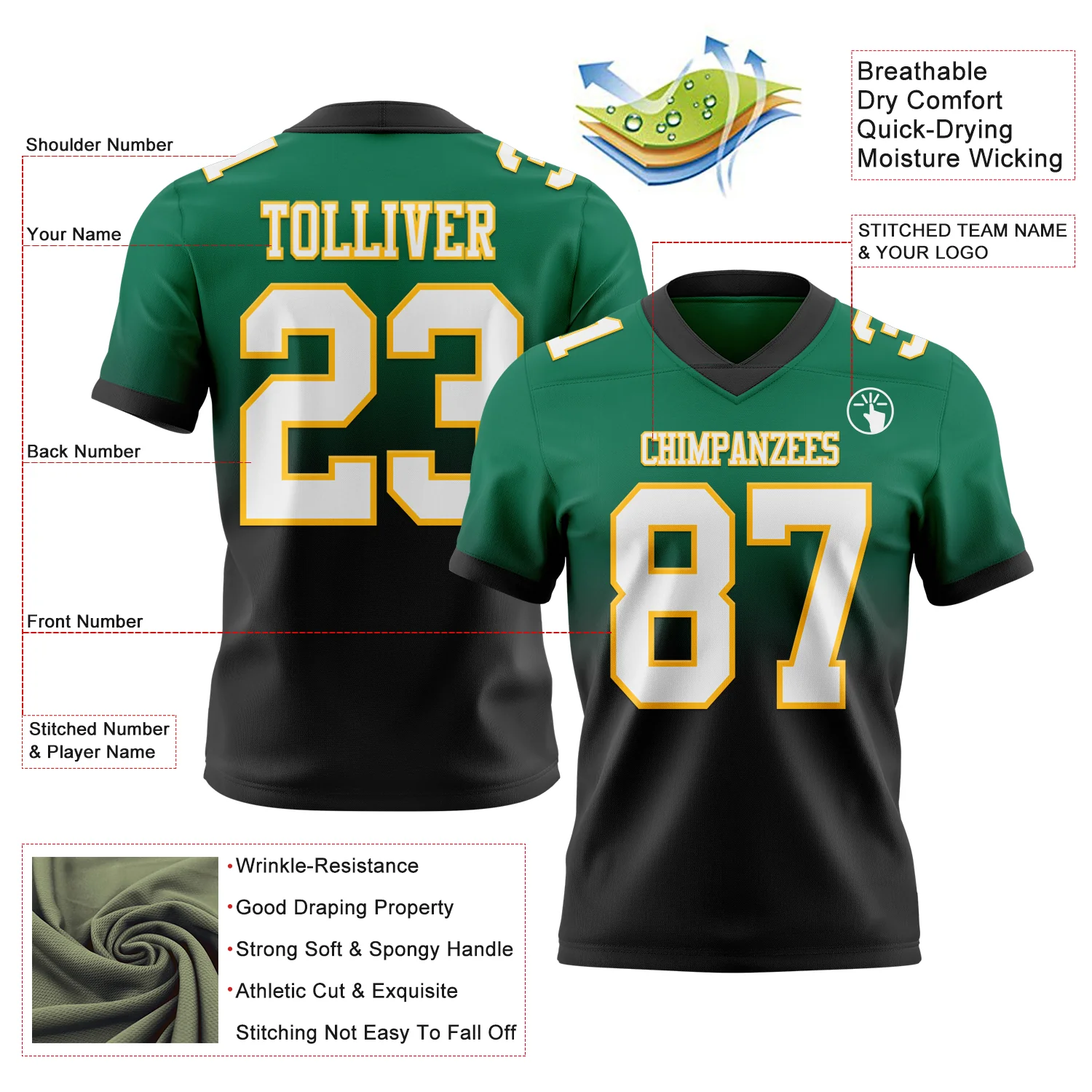 Custom Kelly Green White Black-Gold Authentic Fade Fashion Football Jersey - Image 2