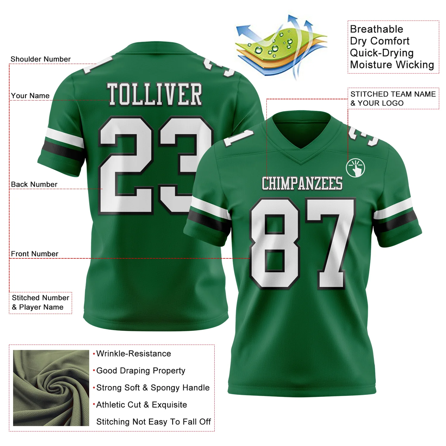 Custom Kelly Green White-Black Authentic Football Jersey - Image 3