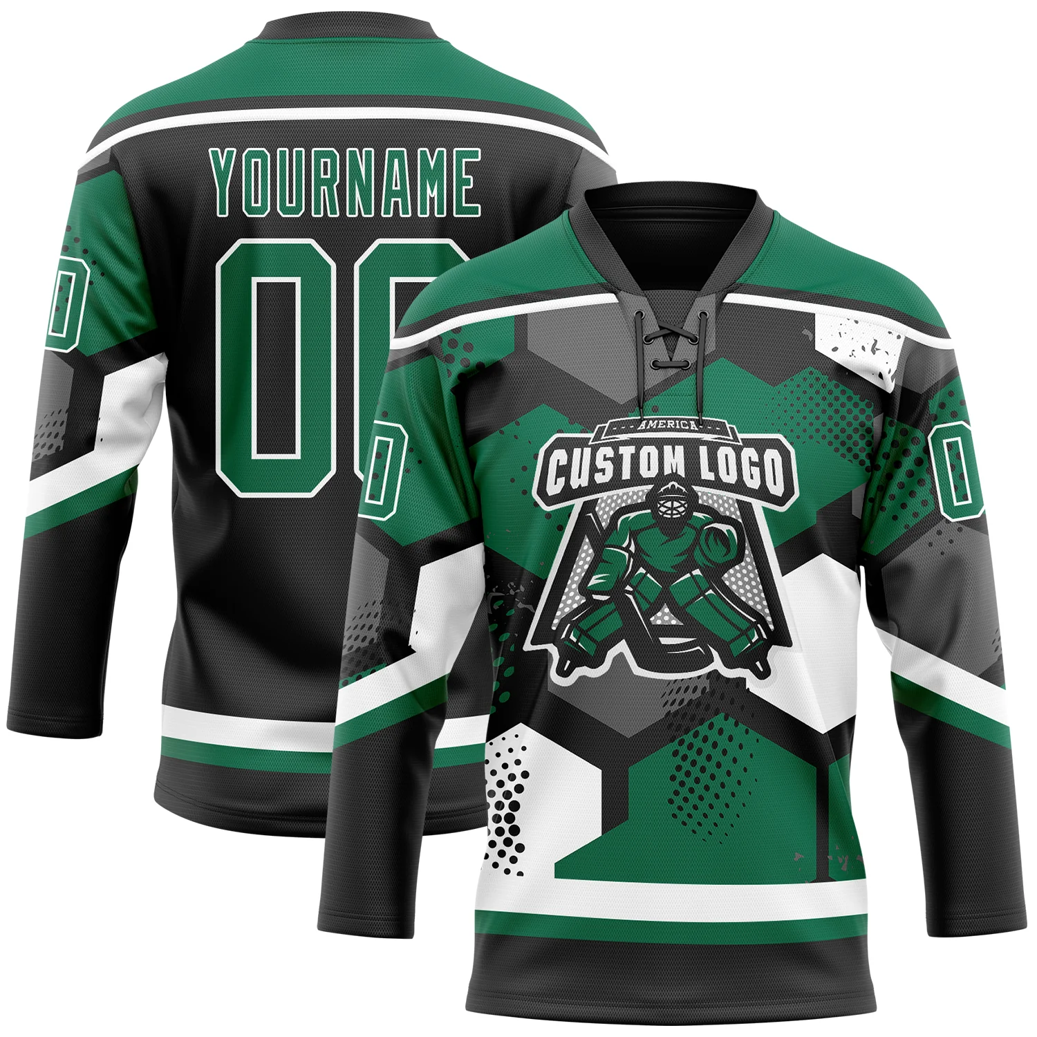 Custom Kelly Green Black-White 3D Pattern Geometric Shape Hockey Lace Neck Jersey - Image 2