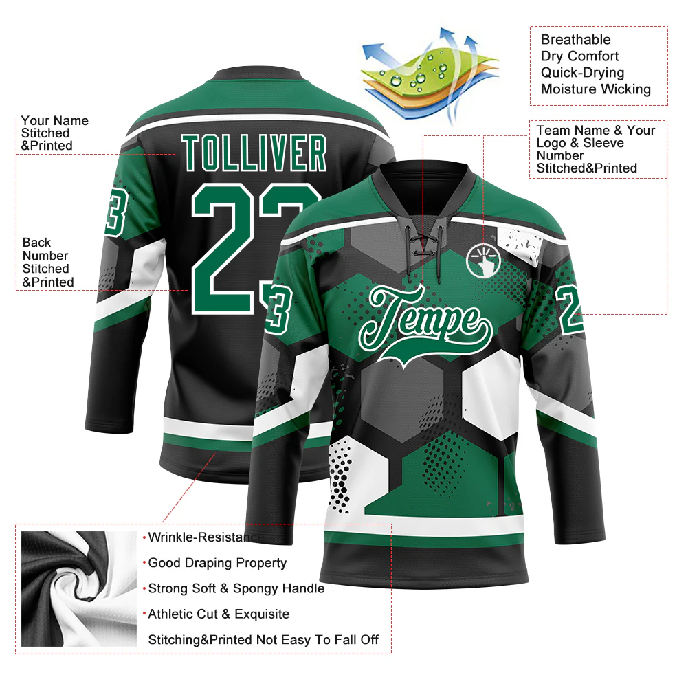 Custom Kelly Green Black-White 3D Pattern Geometric Shape Hockey Lace Neck Jersey - Image 5