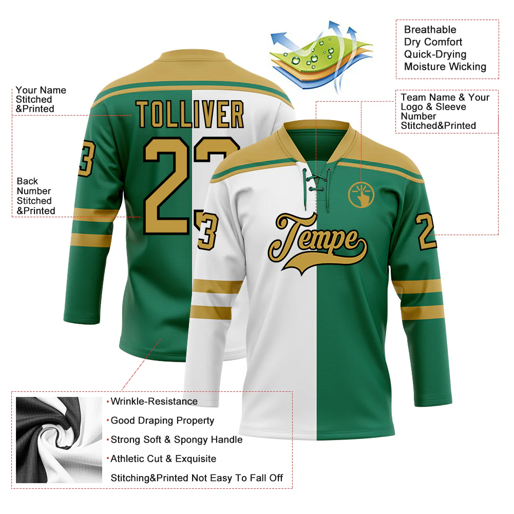 Custom Kelly Green Old Gold Black-White Split Fashion Hockey Lace Neck Jersey - Image 5