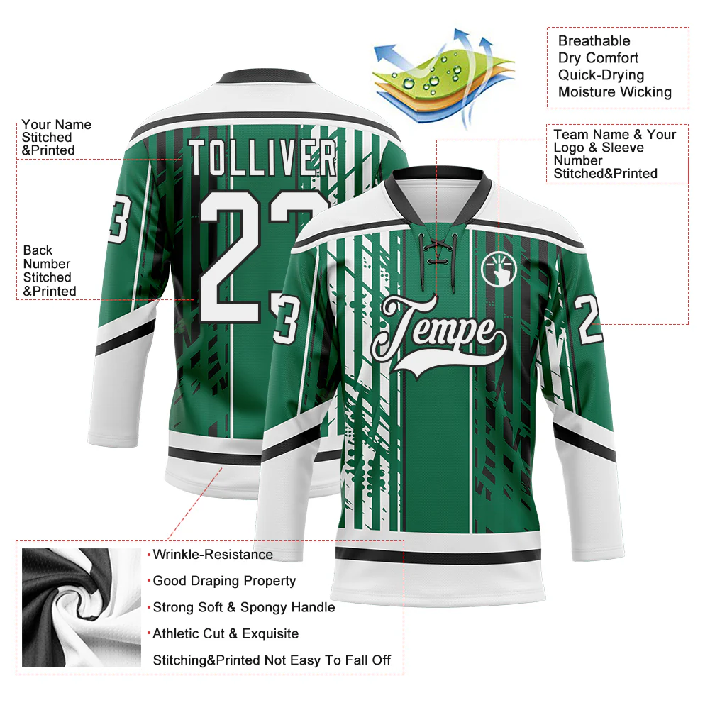 Custom Kelly Green White-Black Abstract Dallas Inspired Grunge Stripe Hockey Lace Neck Jersey - Image 5
