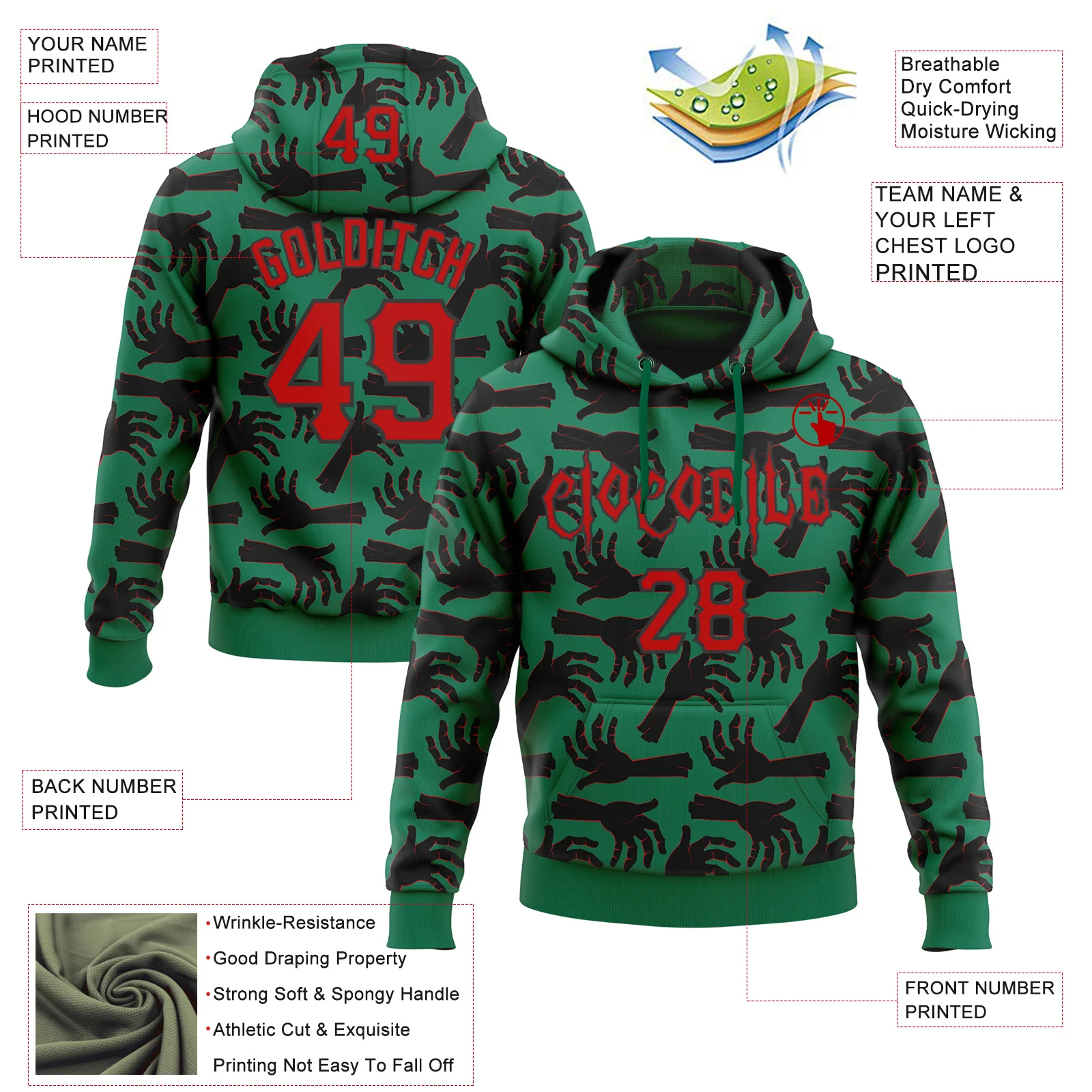 Custom Kelly Green Red-Black 3D Halloween Horror Night Trick Treat Party Costume Ideas Sports Pullover Sweatshirt Hoodie - Image 2