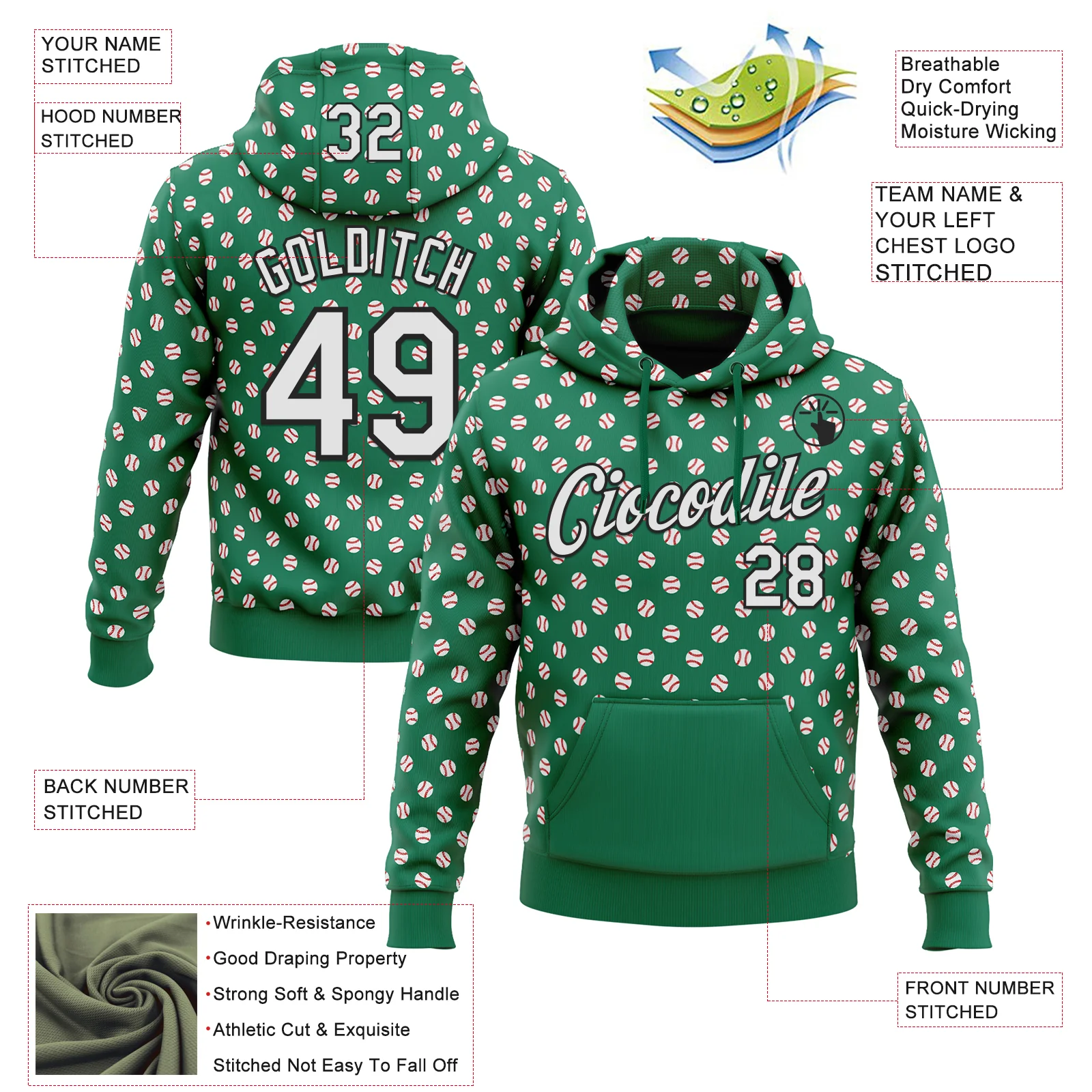 Custom Stitched Kelly Green White-Black Baseball Game Day New York Inspired Sports Pullover Sweatshirt Hoodie - Image 4