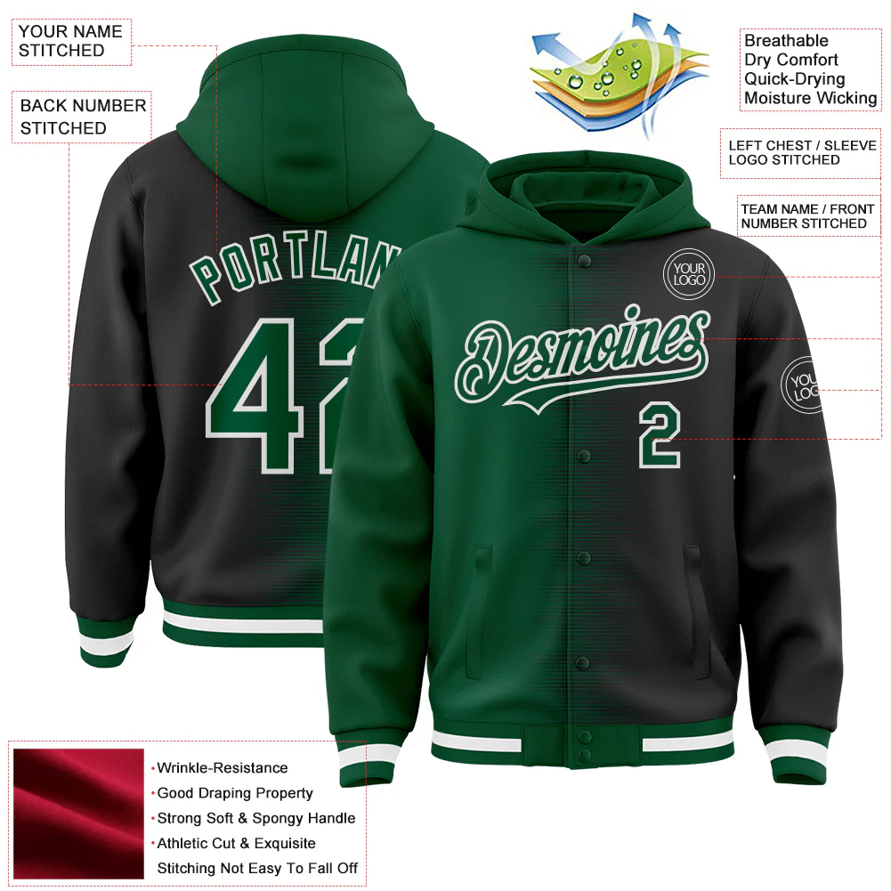 Custom Kelly Green Black-White Gradient Line Bomber Full-Snap Varsity Letterman Hoodie Jacket - Image 4