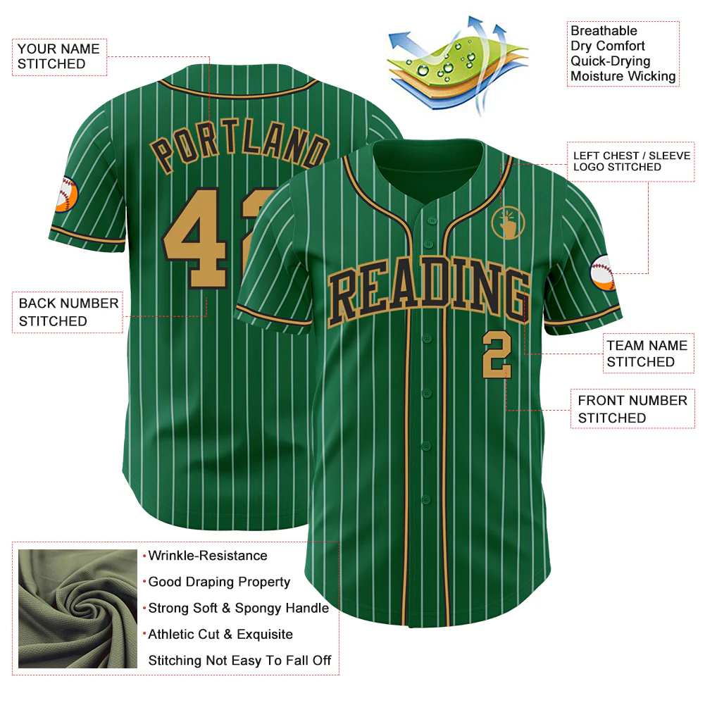 Custom Kelly Green White Pinstripe Old Gold-Black Authentic Baseball Jersey - Image 3