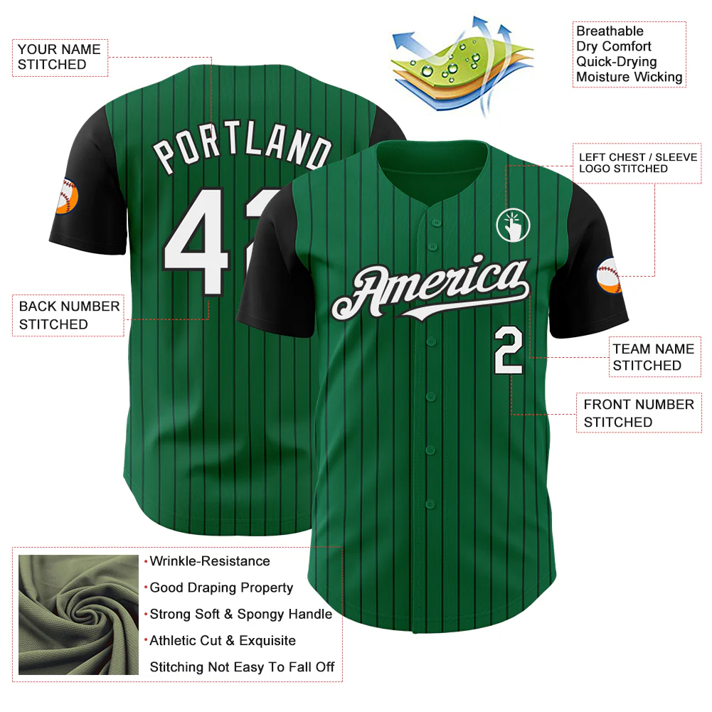 Custom Kelly Green Black Pinstripe White Authentic Two Tone Baseball Jersey - Image 3