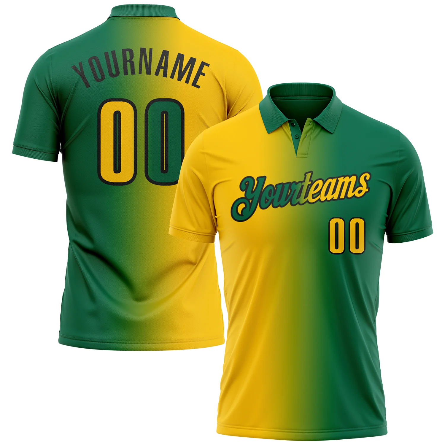 Custom Kelly Green Yellow-Black 3D Gradient Fashion Performance Polo Shirt