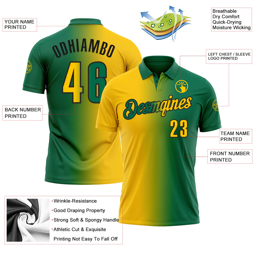Custom Kelly Green Yellow-Black 3D Gradient Fashion Performance Polo Shirt - Image 3