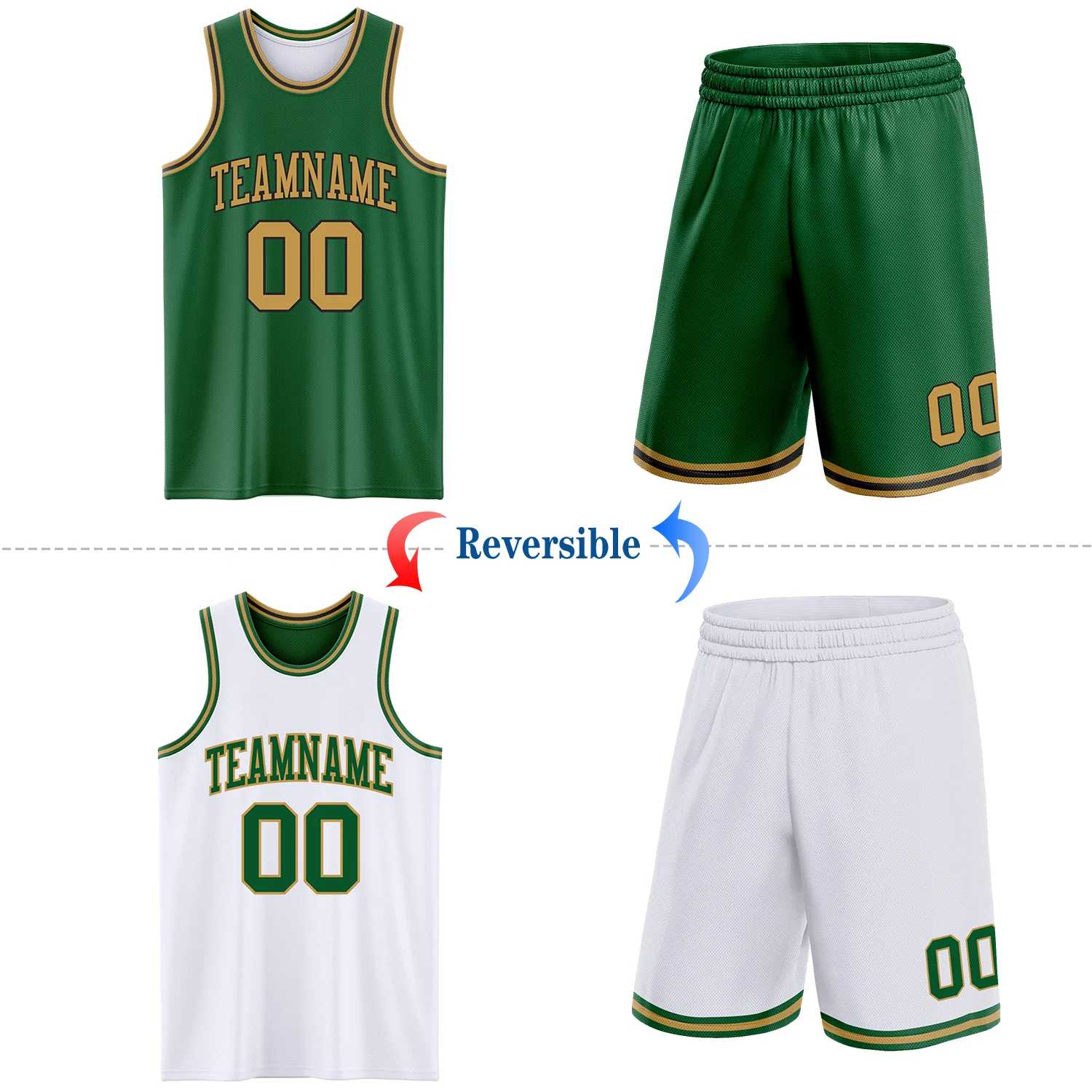 Custom Reversible Kelly Green Old Gold-Black Double Side Sublimation Basketball Suit Jersey - Image 2
