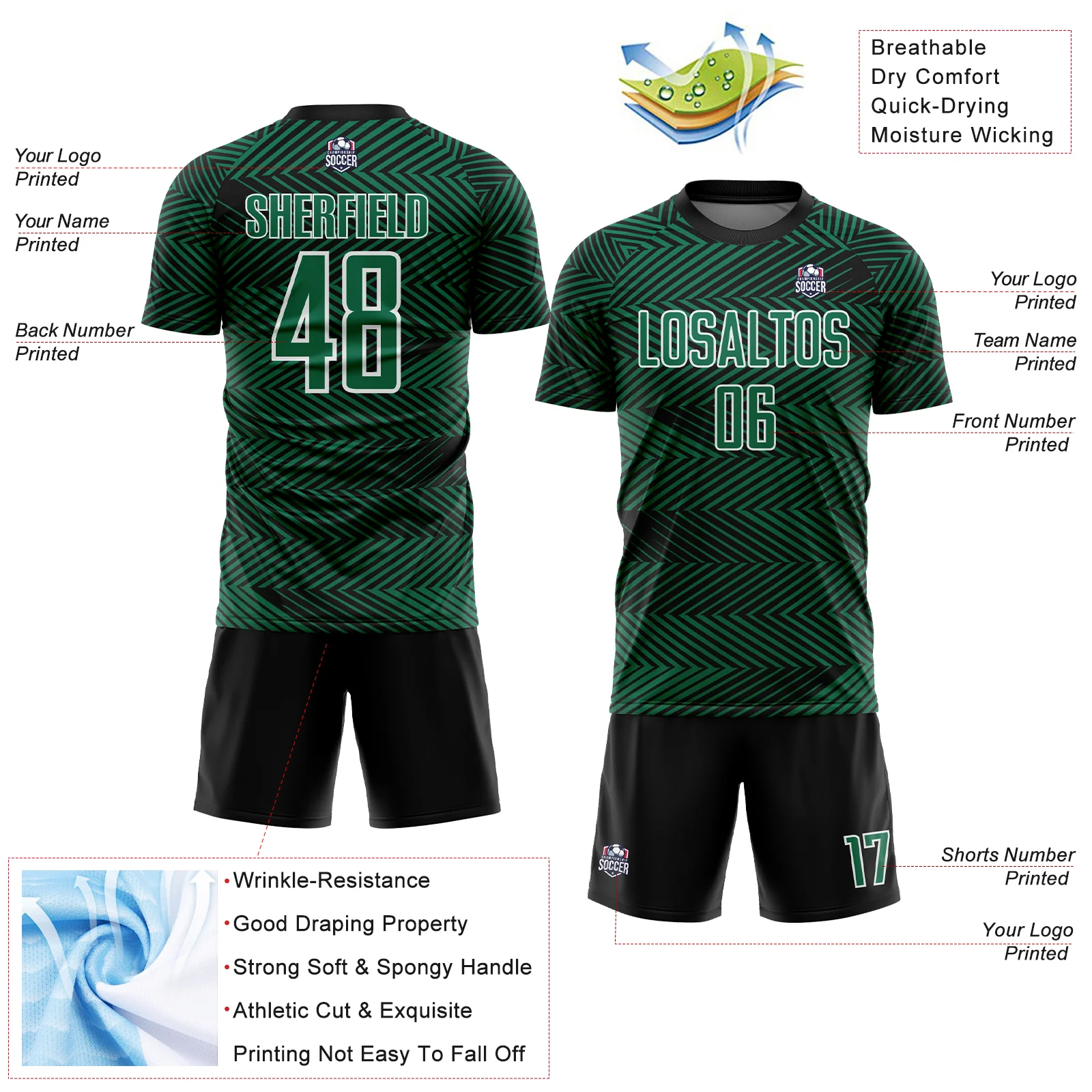 Custom Kelly Green Black-White Line Sublimation Soccer Uniform Jersey - Image 4