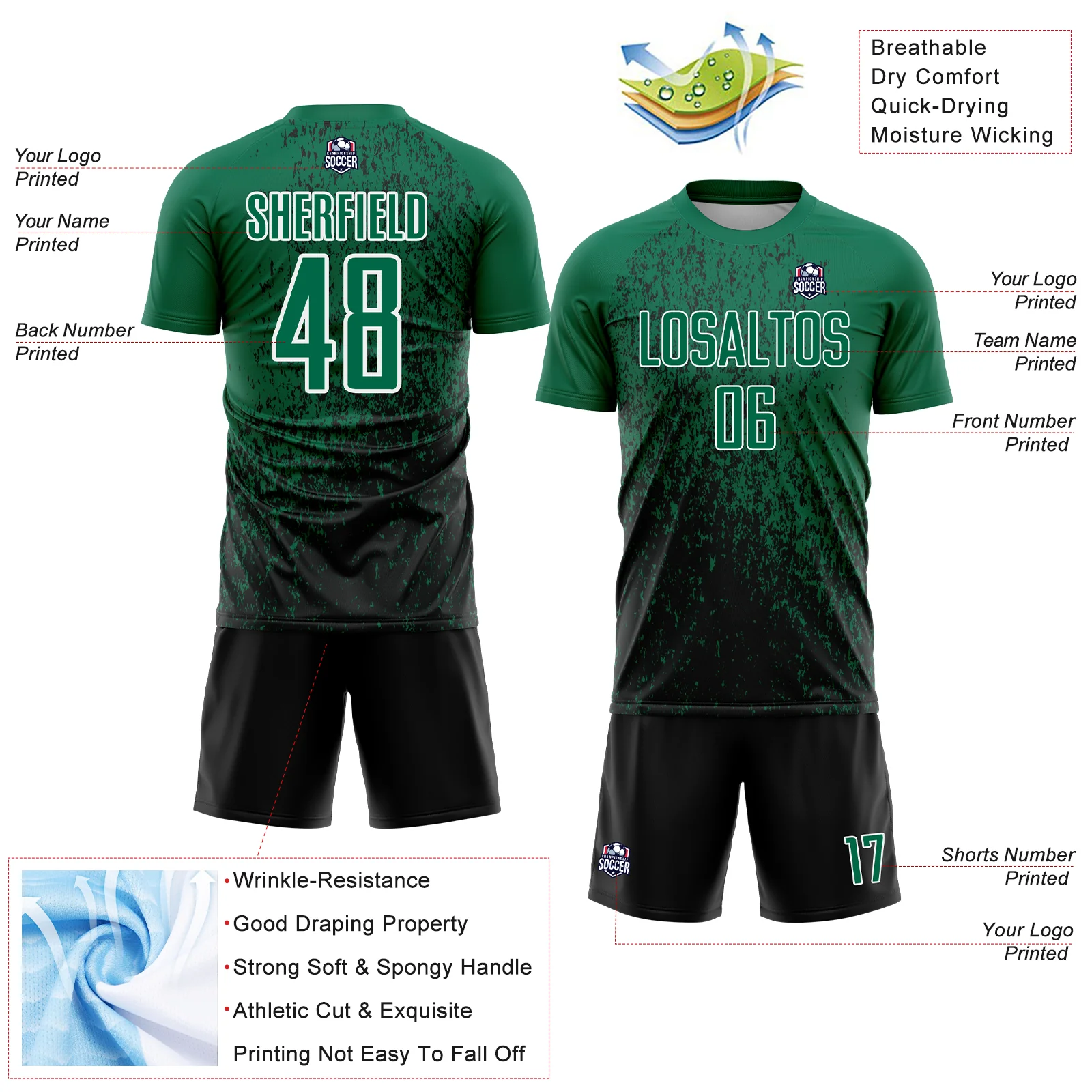 Custom Kelly Green Black-White Abstract Fragment Art Sublimation Soccer Uniform Jersey - Image 4