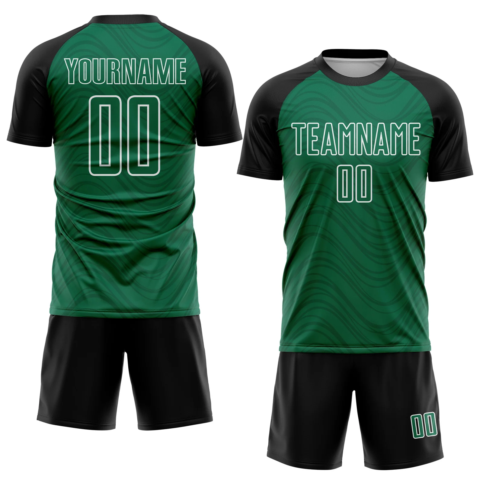 Custom Kelly Green Black-White Wavy Lines Sports Sublimation Soccer Uniform Jersey - Image 2