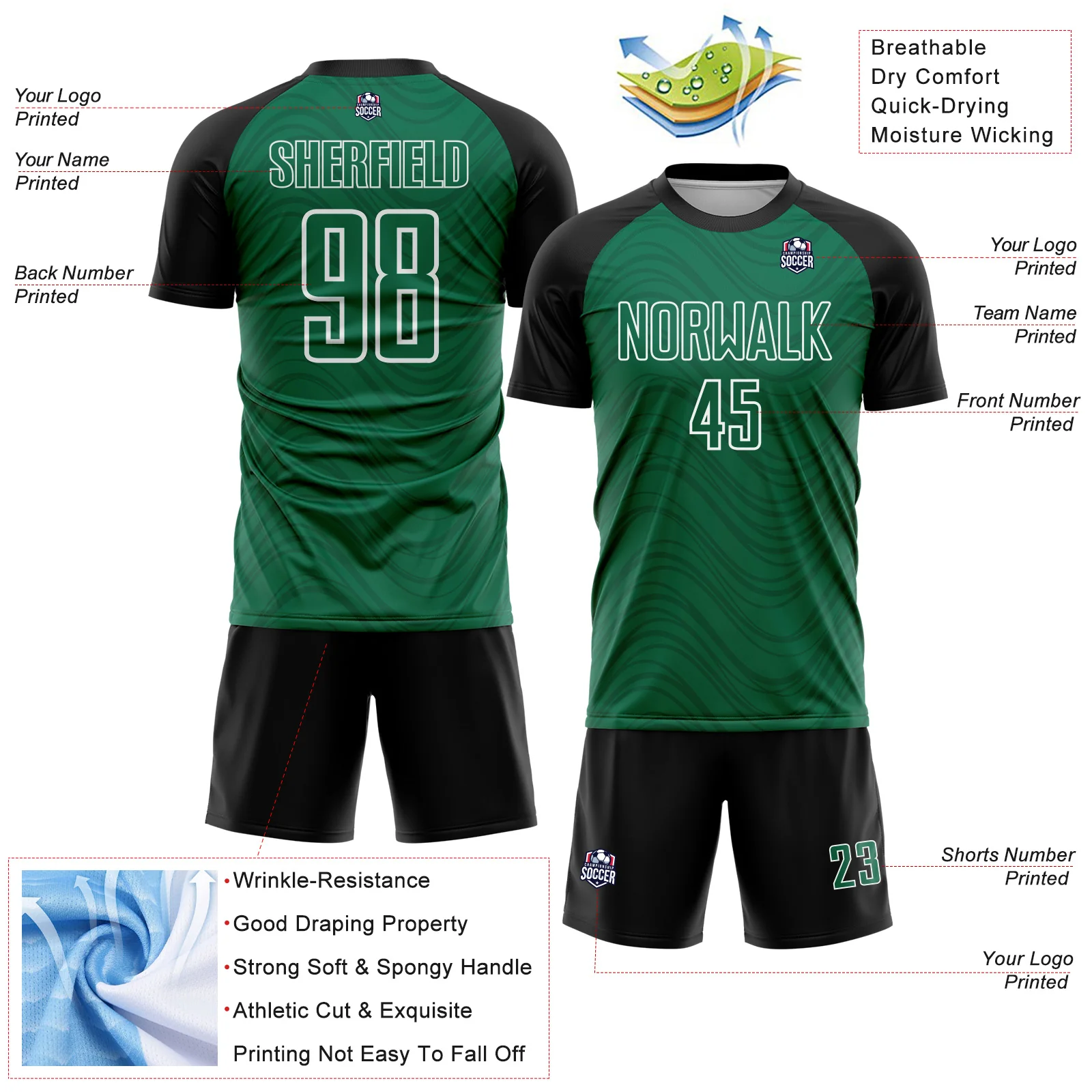 Custom Kelly Green Black-White Wavy Lines Sports Sublimation Soccer Uniform Jersey - Image 4