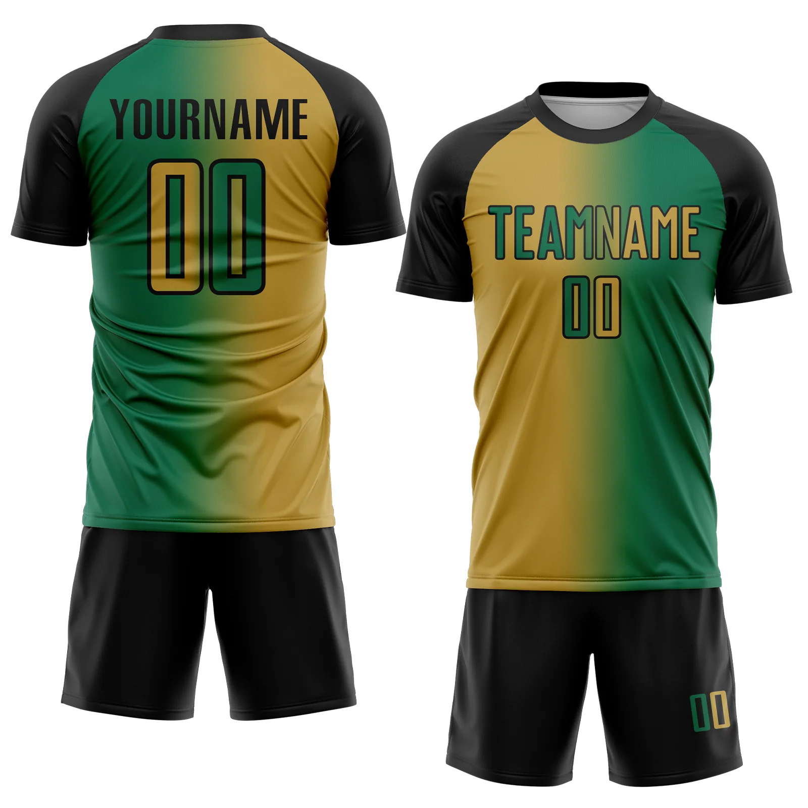 Custom Kelly Green Old Gold-Black Sublimation Gradient Fashion Soccer Uniform Jersey - Image 2