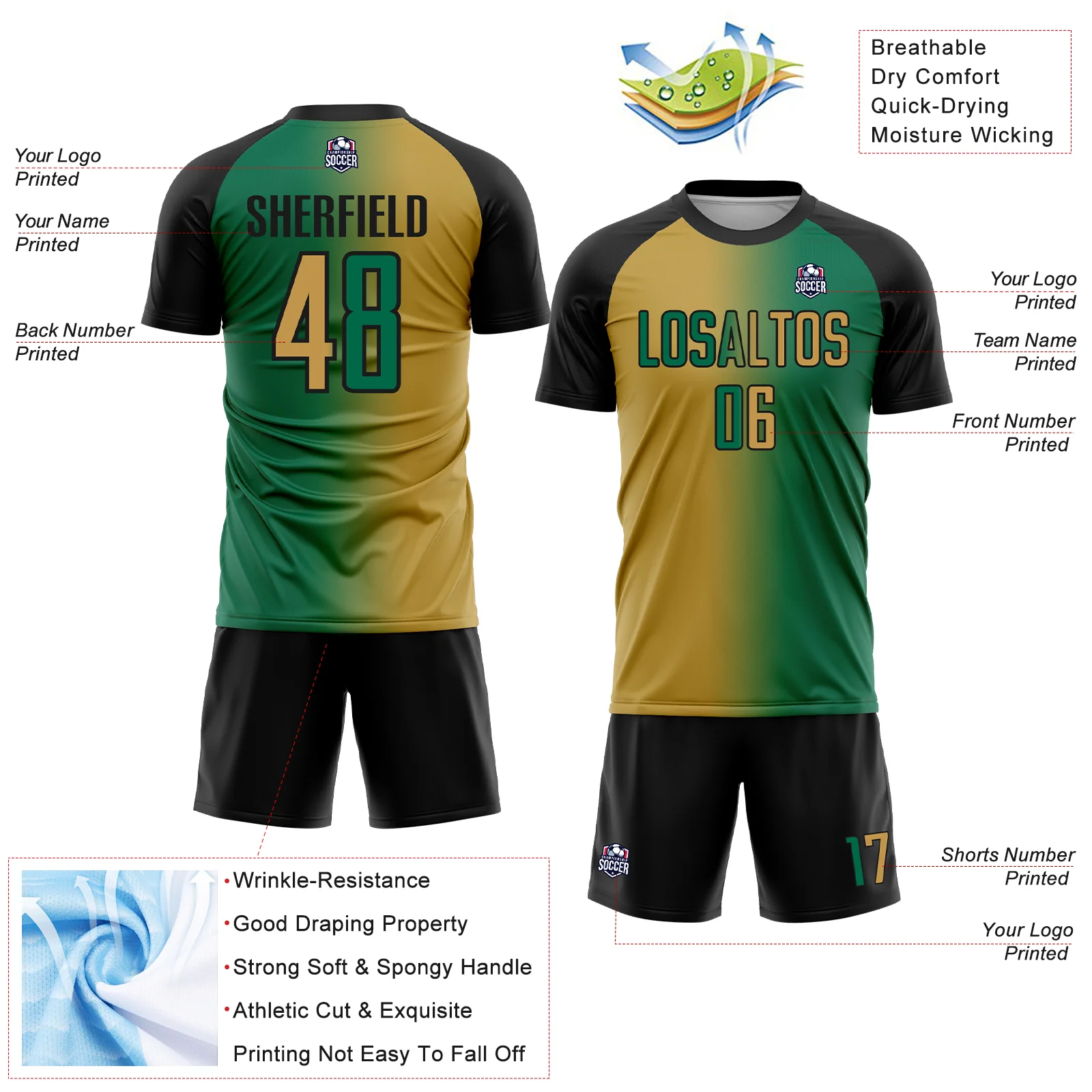 Custom Kelly Green Old Gold-Black Sublimation Gradient Fashion Soccer Uniform Jersey - Image 4
