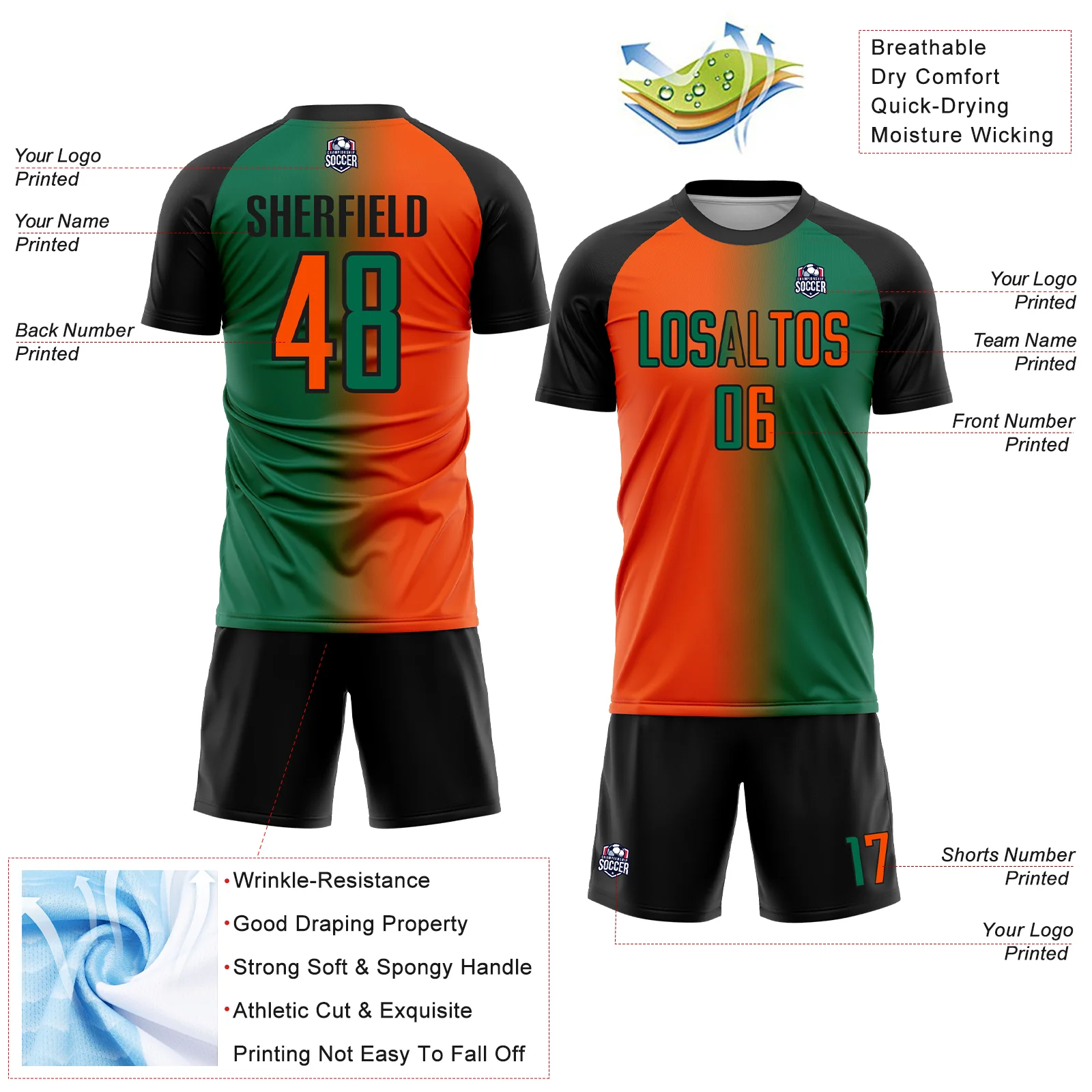 Custom Kelly Green Orange-Black Sublimation Gradient Fashion Soccer Uniform Jersey - Image 4