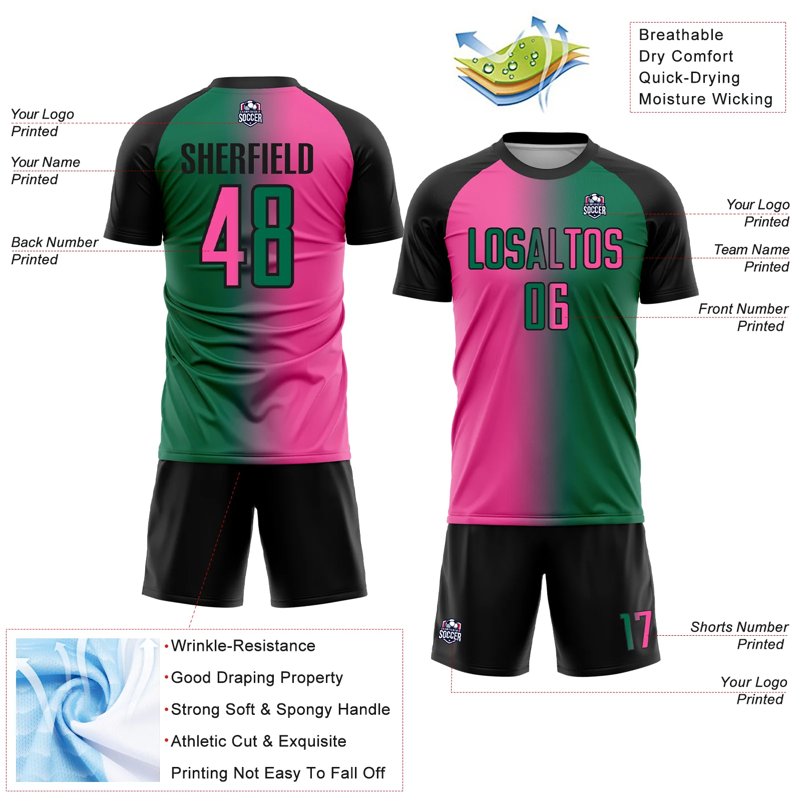 Custom Kelly Green Pink-Black Sublimation Gradient Fashion Soccer Uniform Jersey - Image 4