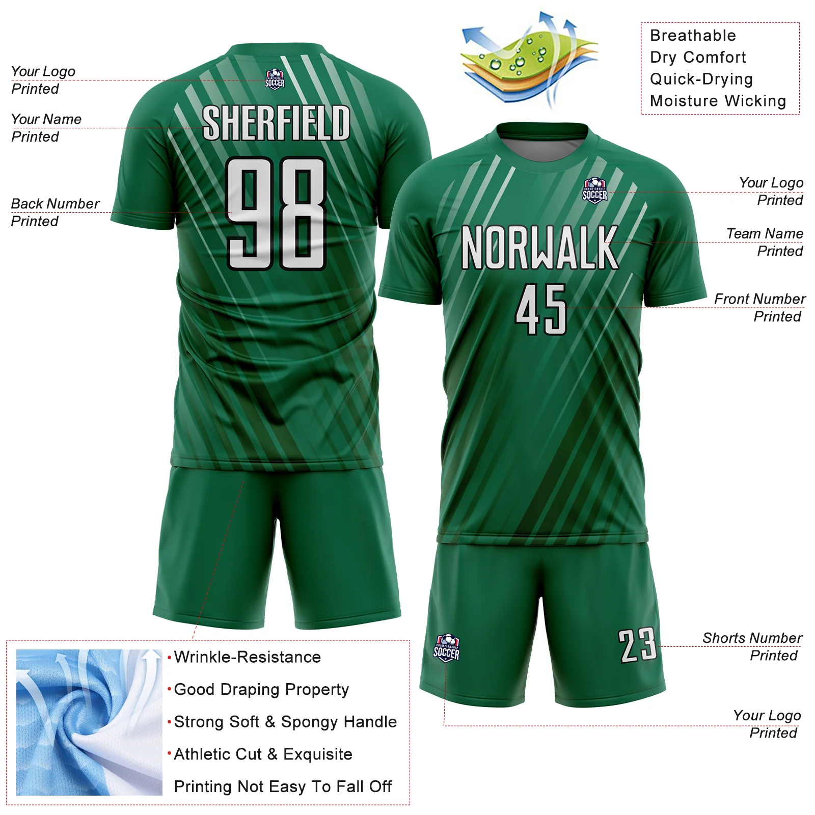 Custom Kelly Green White-Black Stripe Line Sublimation Soccer Uniform Jersey - Image 4