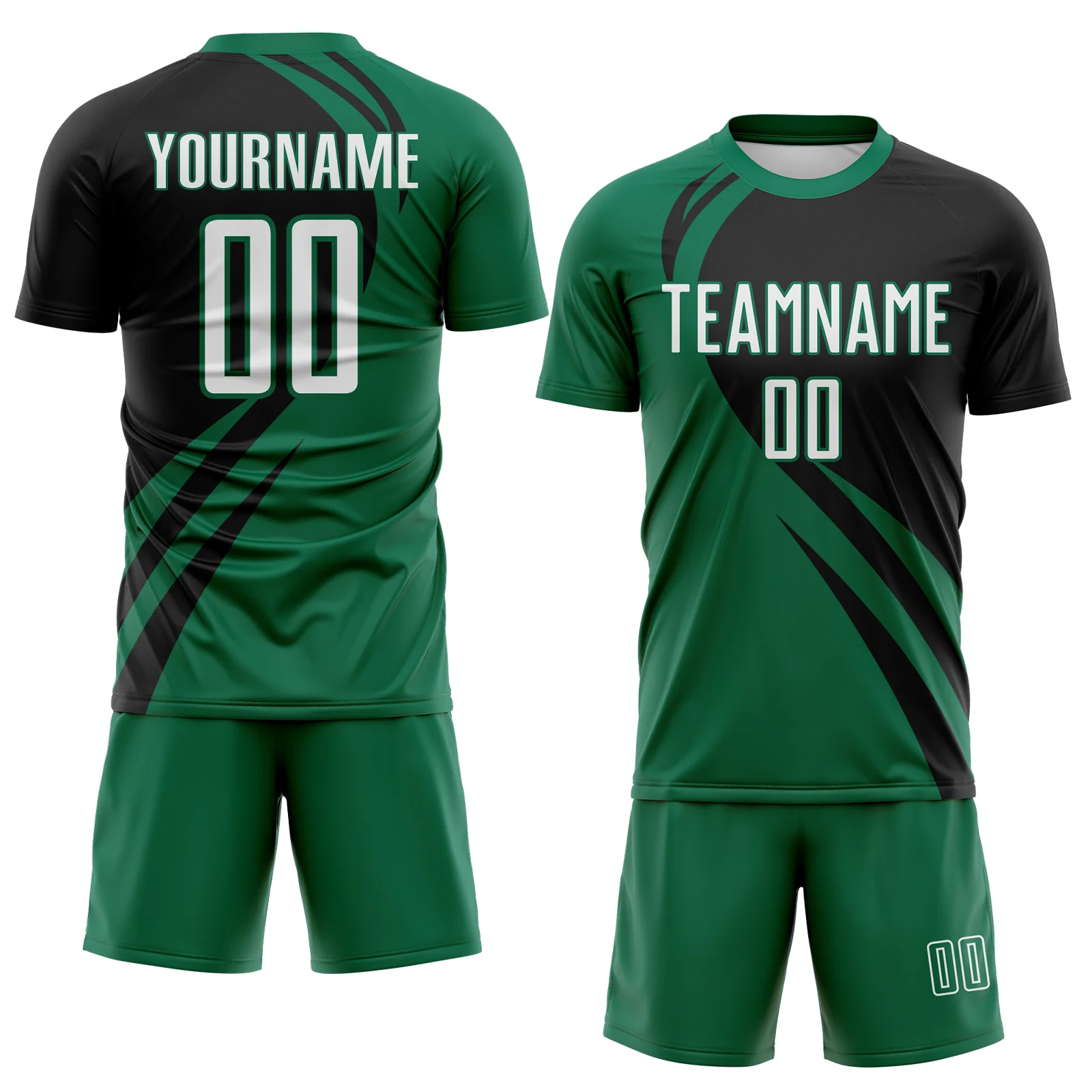 Custom Kelly Green White-Black Diagonal Streamline Color Block Swirl Curve Lines Sublimation Soccer Uniform Jersey - Image 2