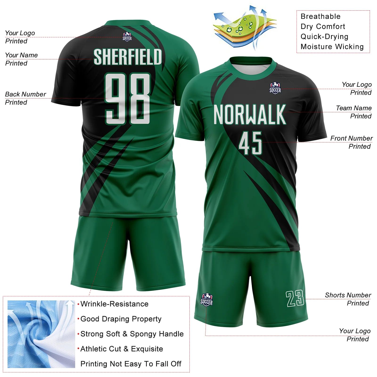 Custom Kelly Green White-Black Diagonal Streamline Color Block Swirl Curve Lines Sublimation Soccer Uniform Jersey - Image 3