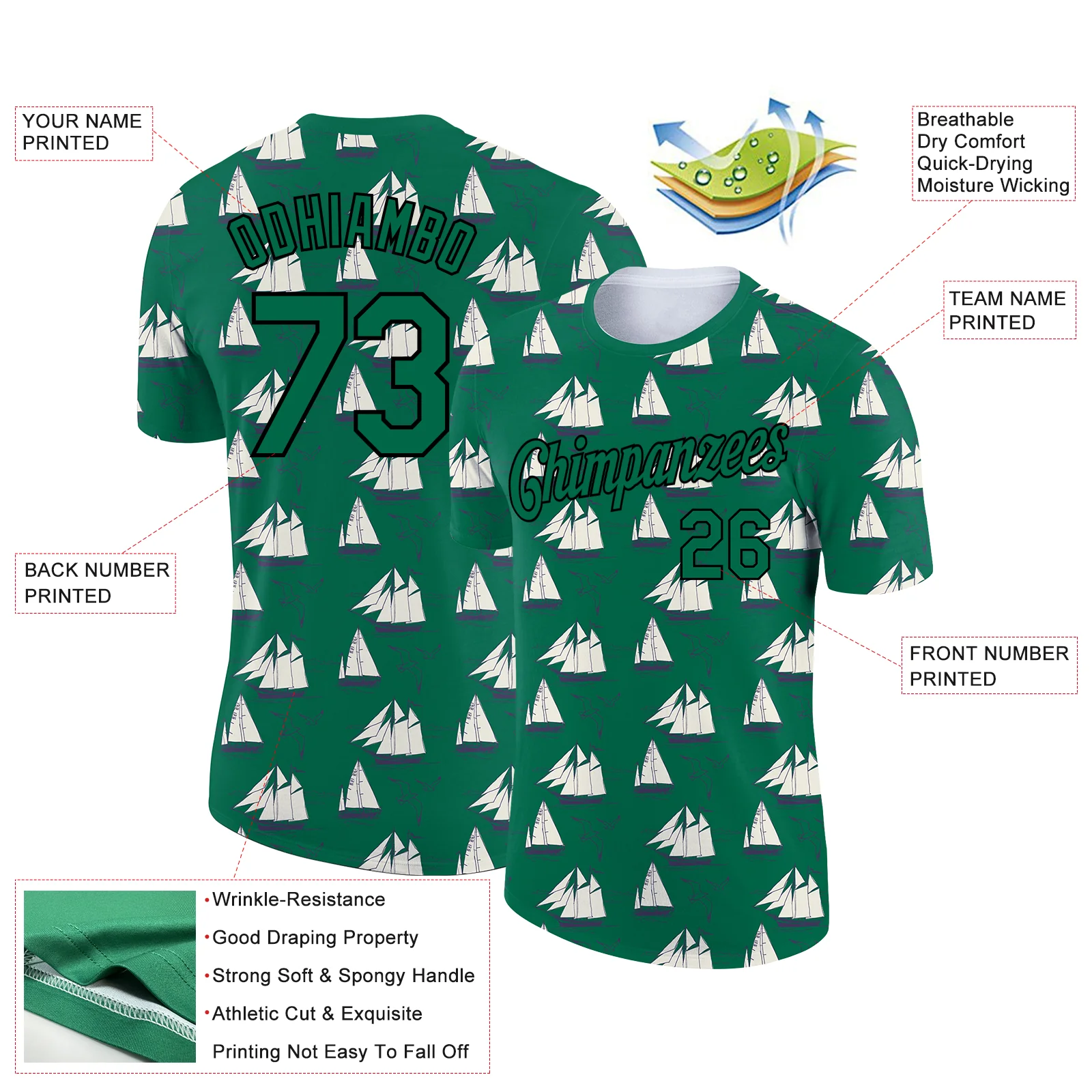 Custom Kelly Green Black 3D Pattern Design Sailing Ship Columbus Day Performance T-Shirt - Image 2