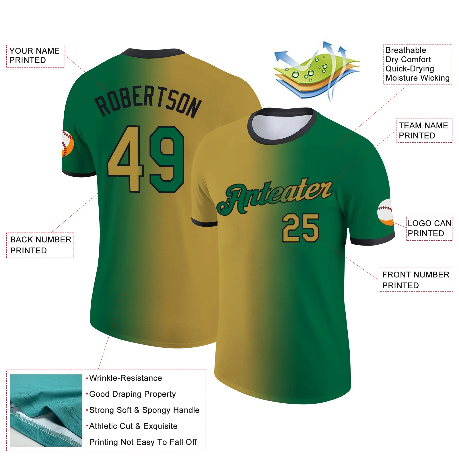 Custom Kelly Green Old Gold-Black Gradient Fashion Performance T-Shirt - Image 2