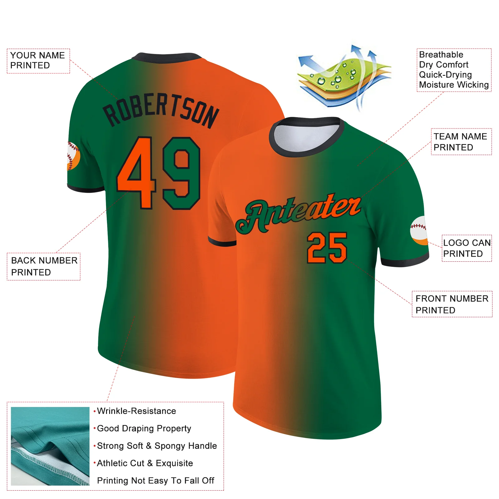 Custom Kelly Green Orange-Black Gradient Fashion Performance T-Shirt - Image 2