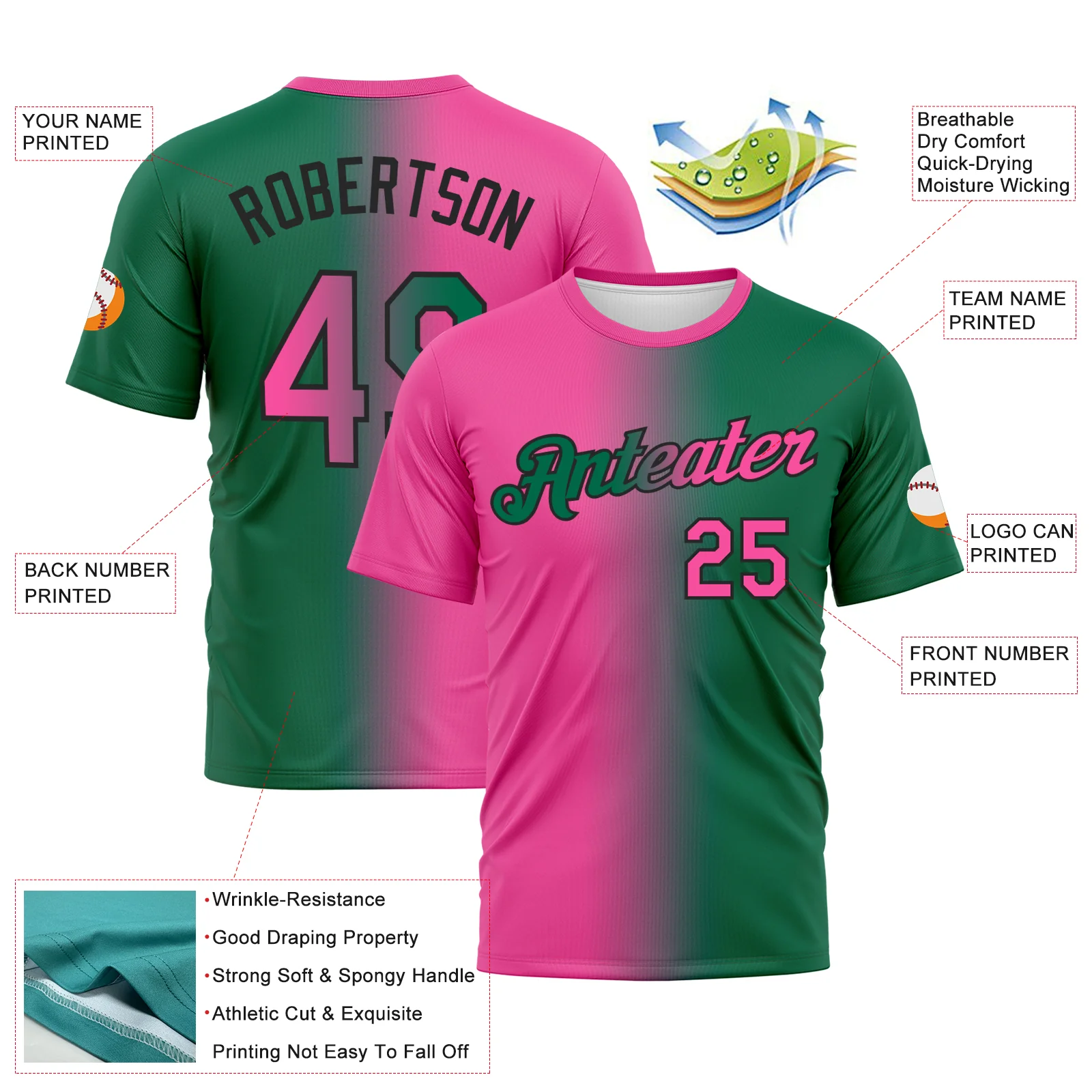 Custom Kelly Green Pink-Black Gradient Fashion Performance T-Shirt - Image 2