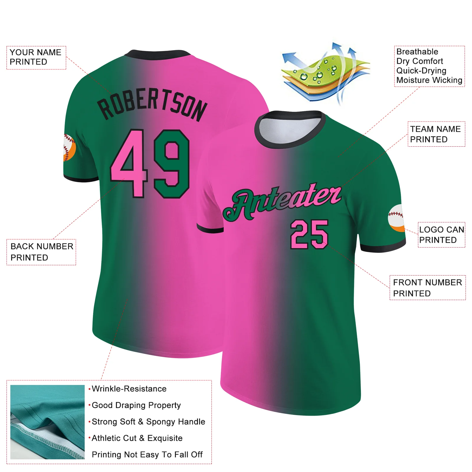 Custom Kelly Green Pink-Black Gradient Fashion Performance T-Shirt - Image 2