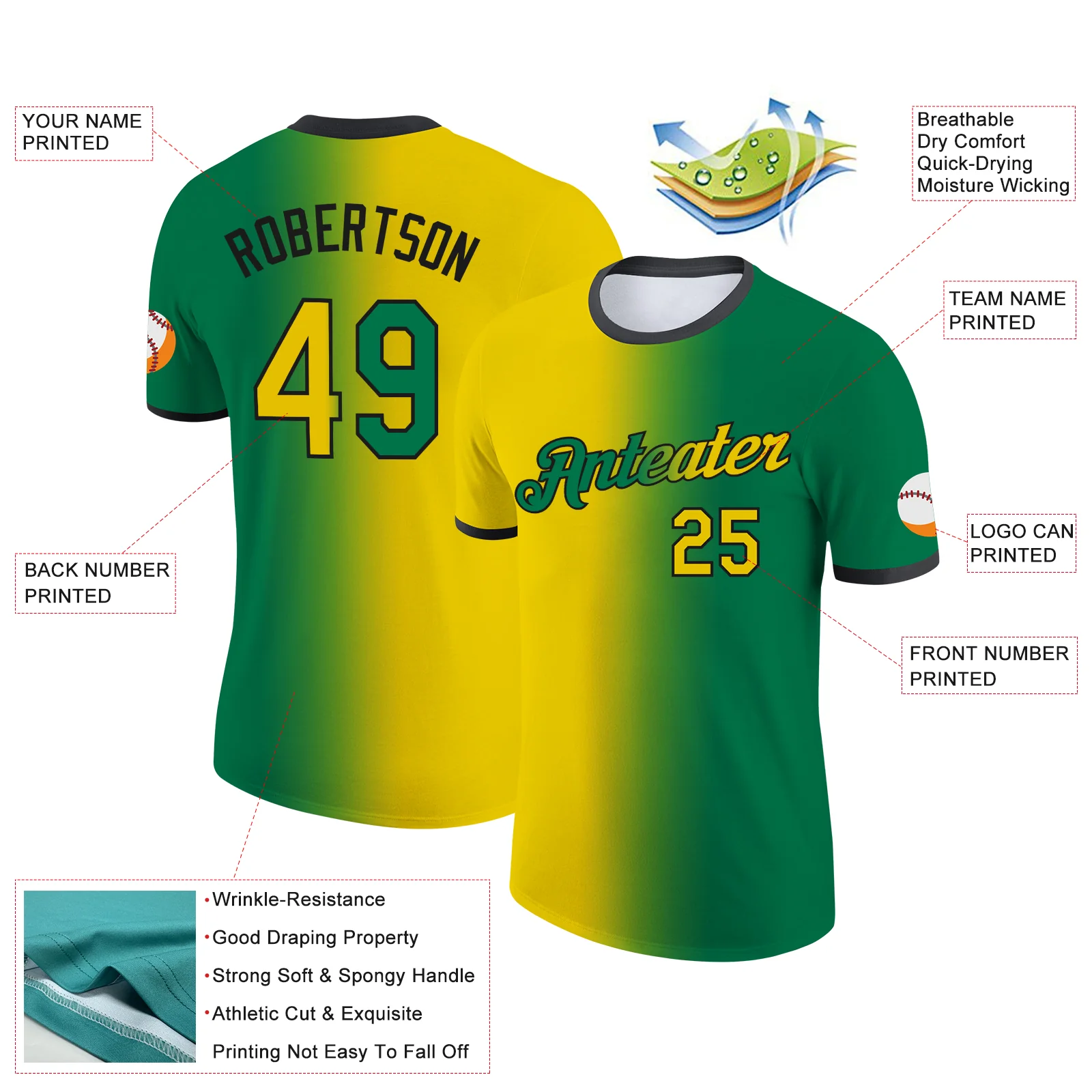 Custom Kelly Green Yellow-Black Gradient Fashion Performance T-Shirt - Image 2