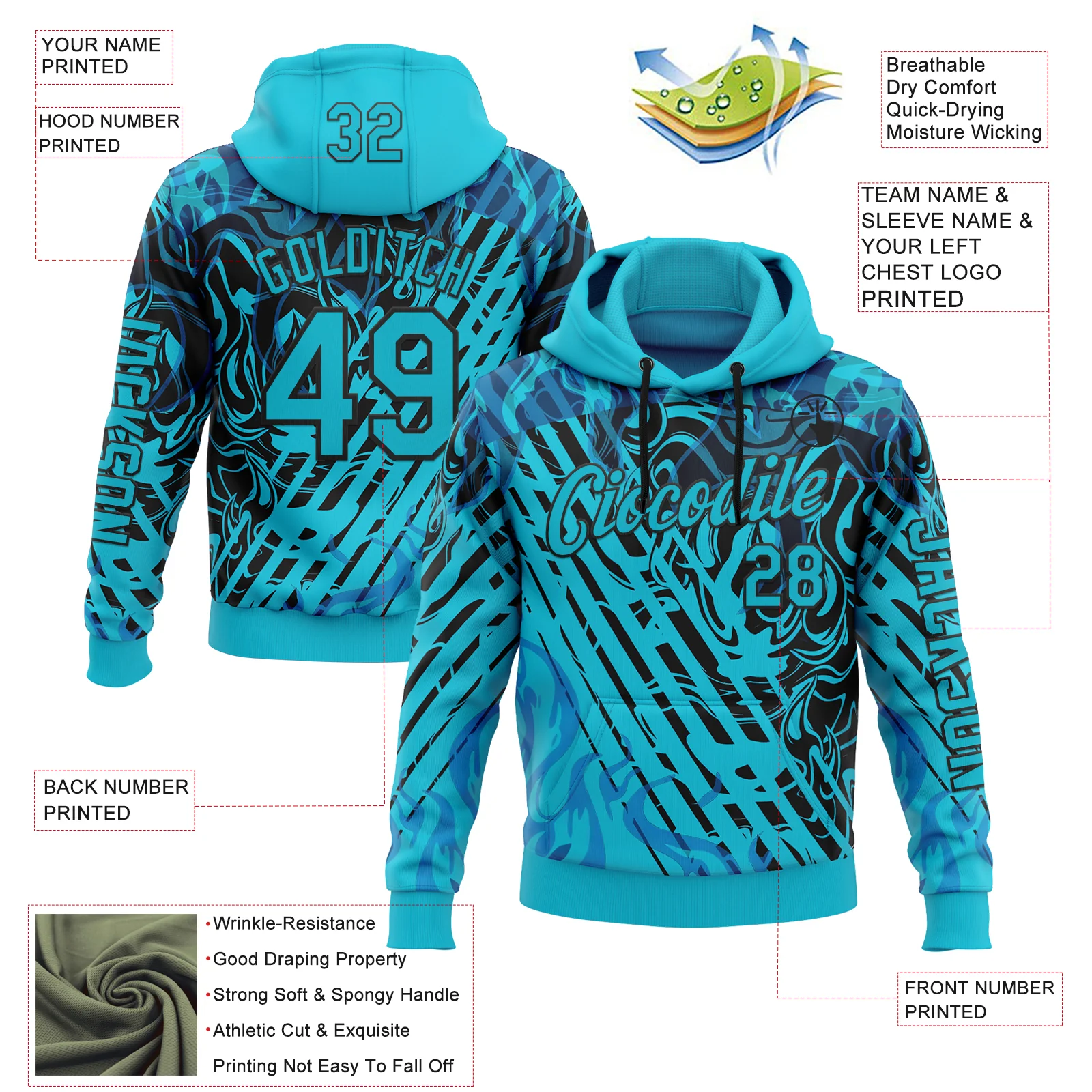Custom Lakes Blue Black 3D Abstract Flame Sports Pullover Sweatshirt Hoodie - Image 2