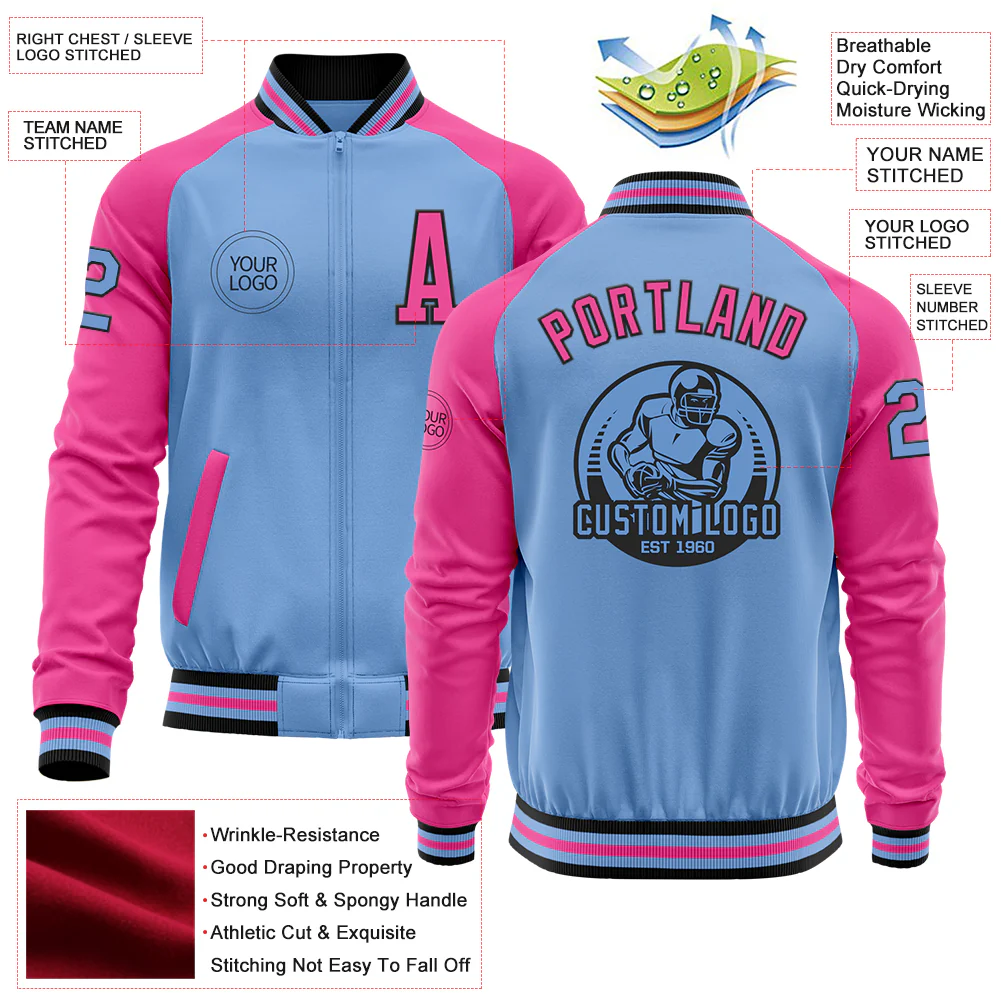 Custom Light Blue Black-Pink Bomber Varsity Letterman Two Tone Zipper Jacket - Image 4
