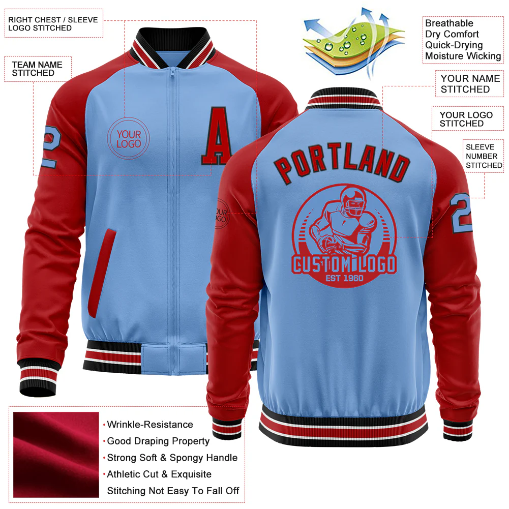 Custom Light Blue Black-Red Bomber Varsity Letterman Two Tone Zipper Jacket - Image 4