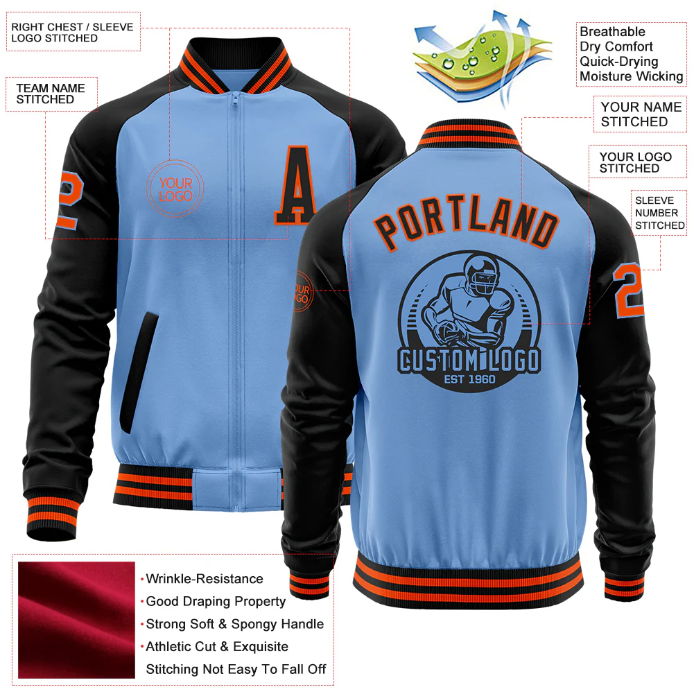 Custom Light Blue Orange-Black Bomber Varsity Letterman Two Tone Zipper Jacket - Image 4