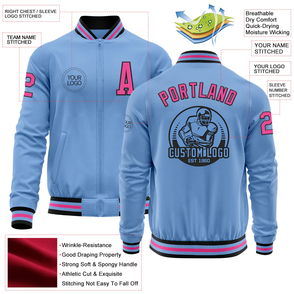 Custom Light Blue Pink-Black Bomber Varsity Letterman Zipper Jacket - Image 4