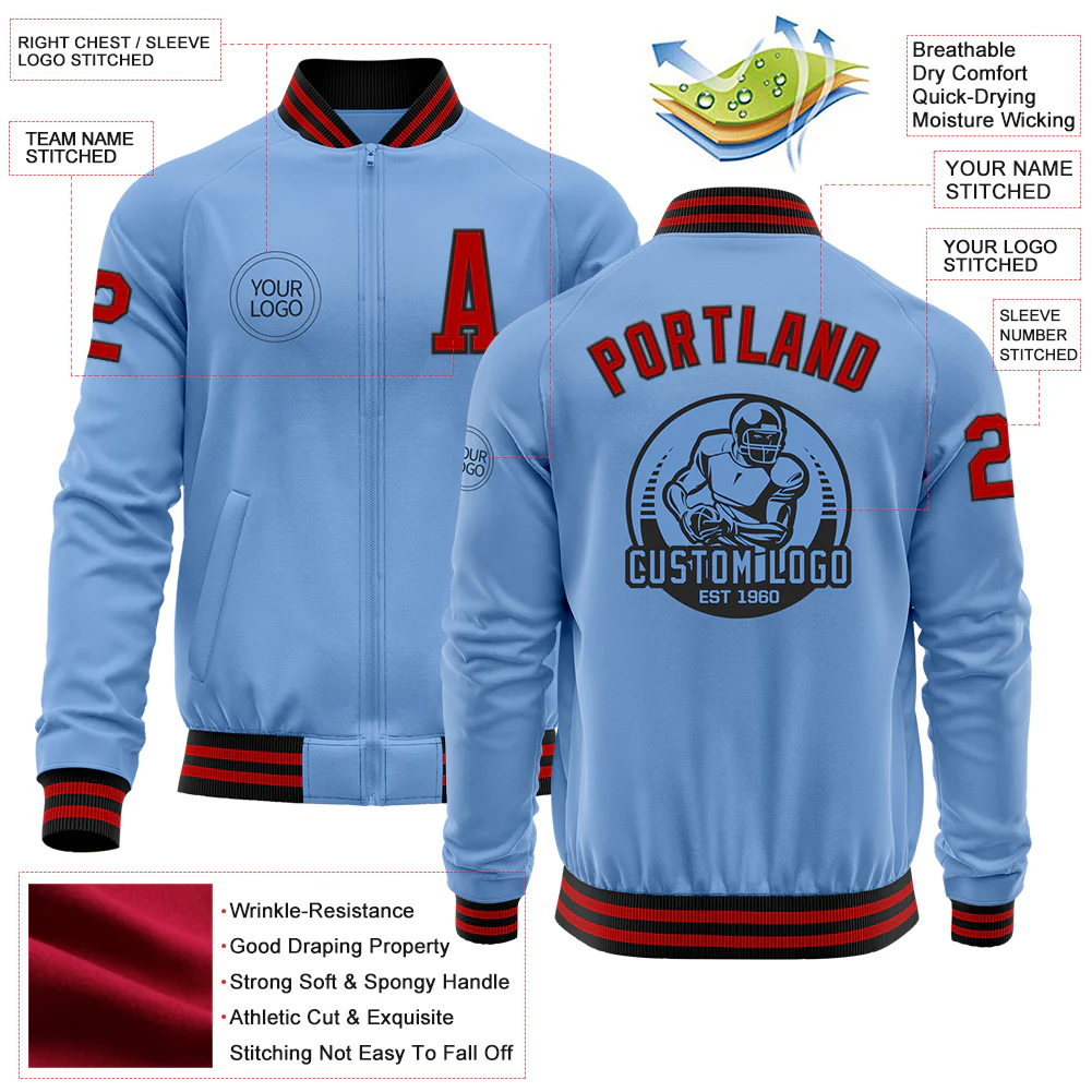 Custom Light Blue Red-Black Bomber Varsity Letterman Zipper Jacket - Image 4