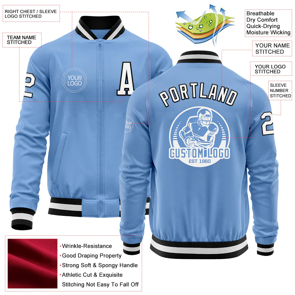 Custom Light Blue White-Black Bomber Varsity Letterman Zipper Jacket - Image 4