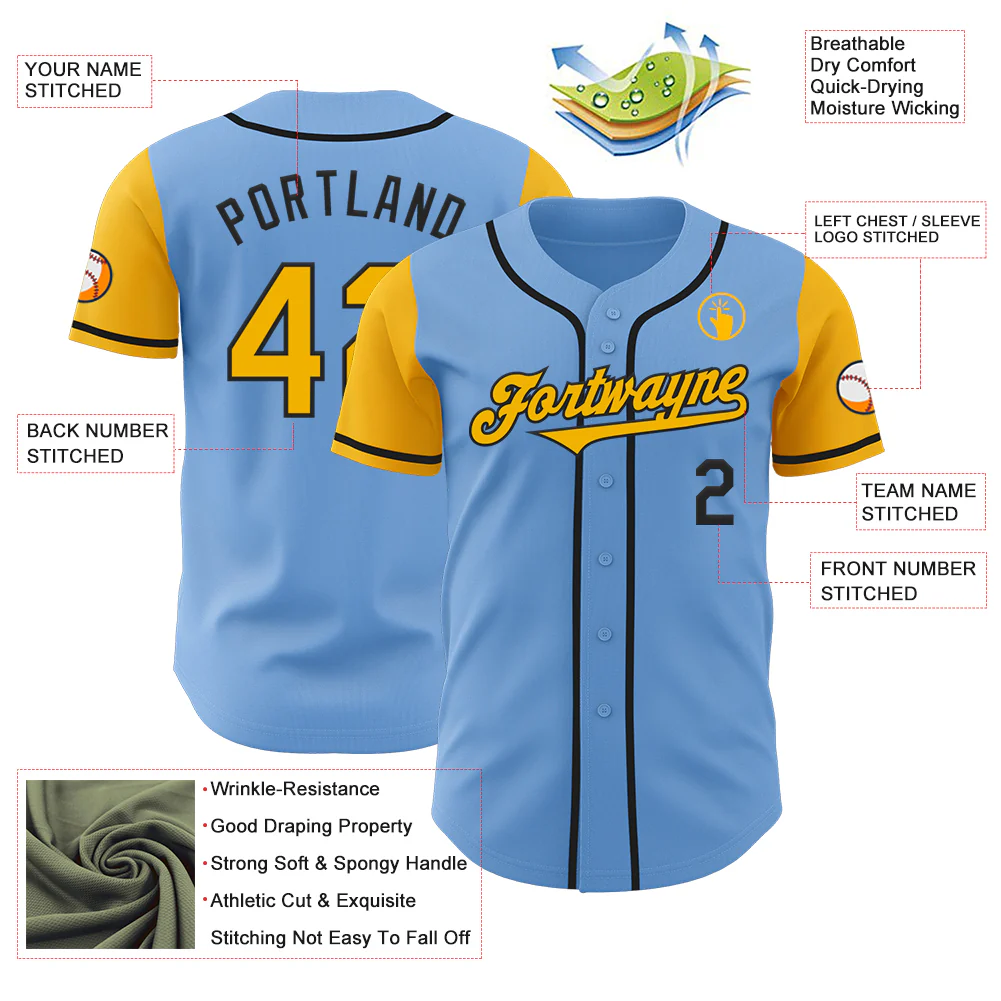 Custom Light Blue Gold-Black Authentic Two Tone Baseball Jersey - Image 3