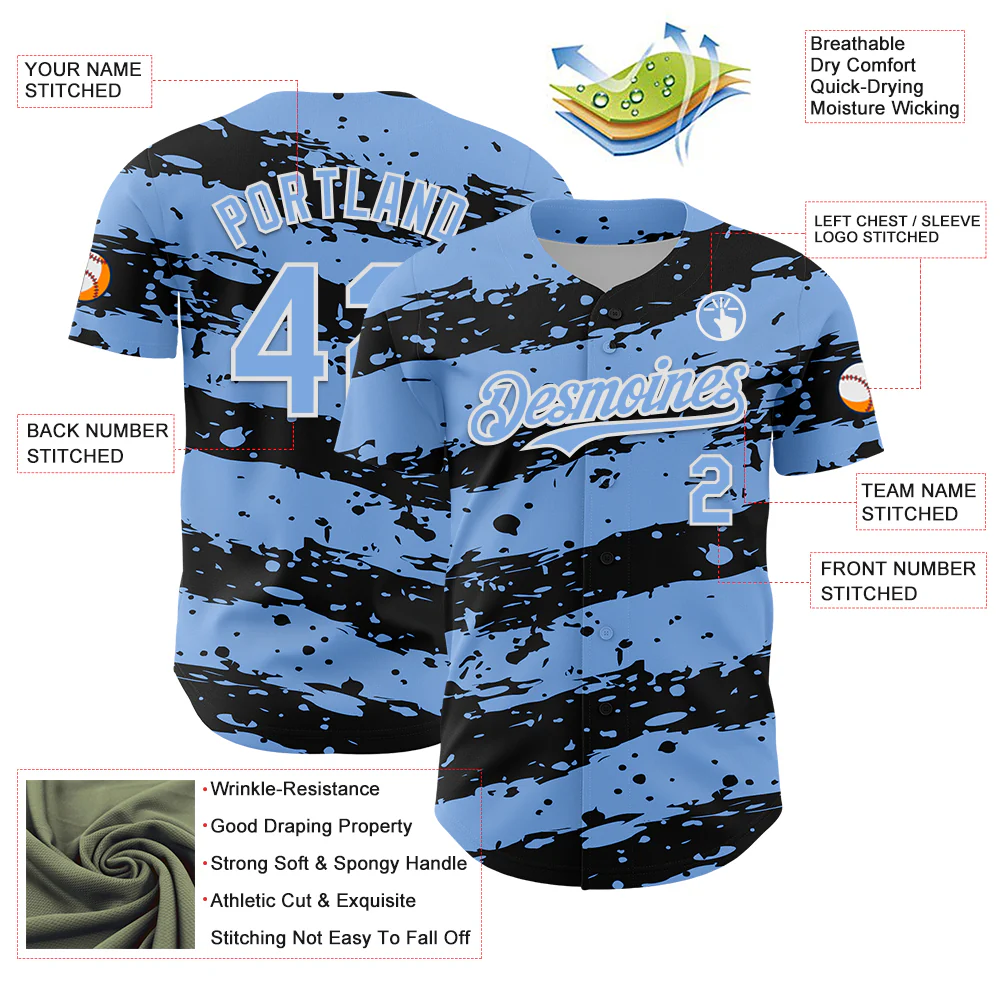 Custom Light Blue Black-White Paint Splash Stripe Authentic Baseball Jersey - Image 3