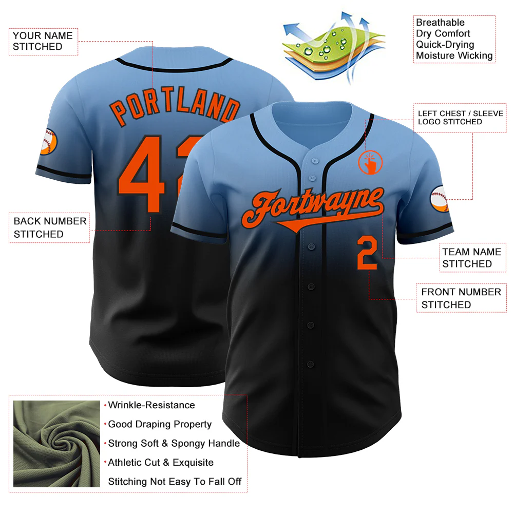Custom Light Blue Orange-Black Authentic Fade Fashion Baseball Jersey - Image 3