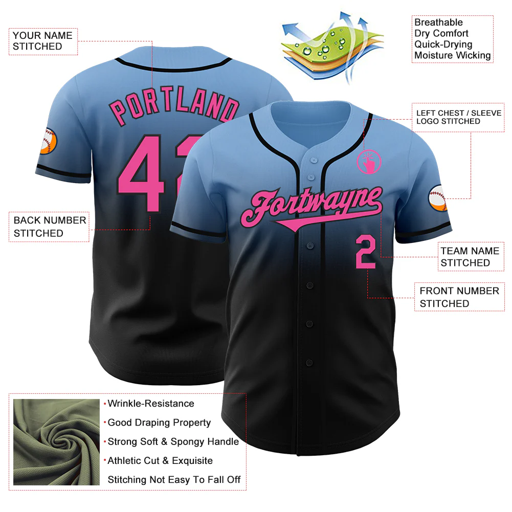 Custom Light Blue Pink-Black Authentic Fade Fashion Baseball Jersey - Image 3