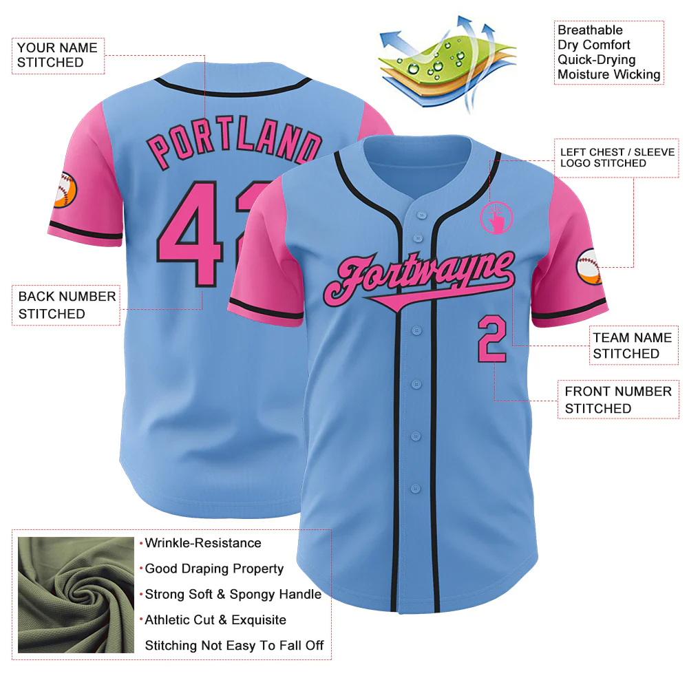 Custom Light Blue Pink-Black Authentic Two Tone Baseball Jersey - Image 3