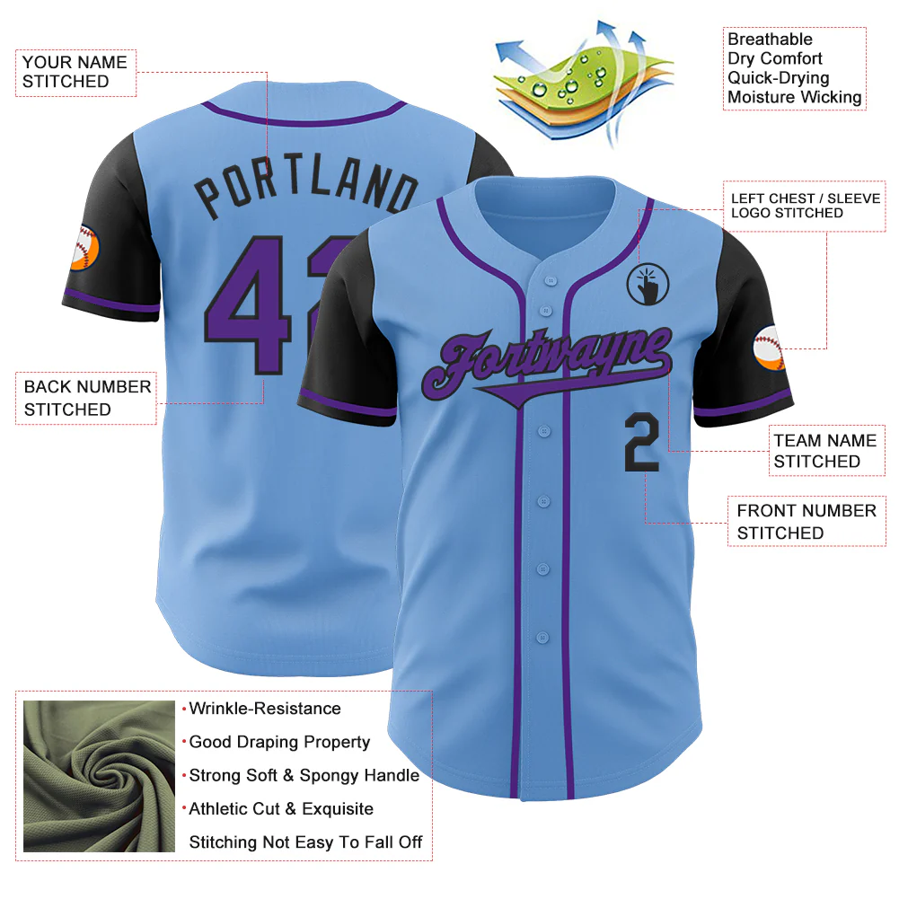 Custom Light Blue Purple-Black Authentic Two Tone Baseball Jersey - Image 3