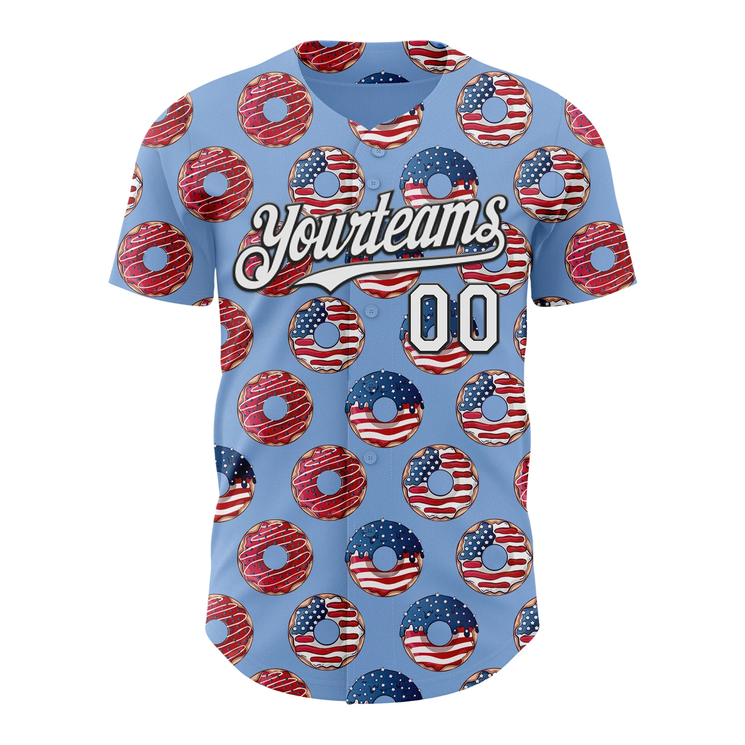 Custom Light Blue White-Black 3D Pattern Design USA Flag Foodie Food Dessert Donut Authentic Baseball Jersey - Image 2