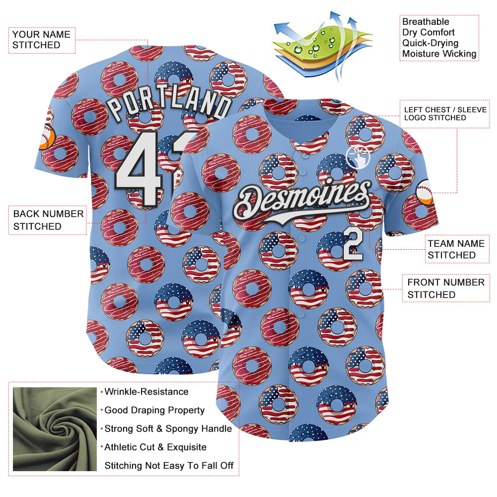 Custom Light Blue White-Black 3D Pattern Design USA Flag Foodie Food Dessert Donut Authentic Baseball Jersey - Image 3