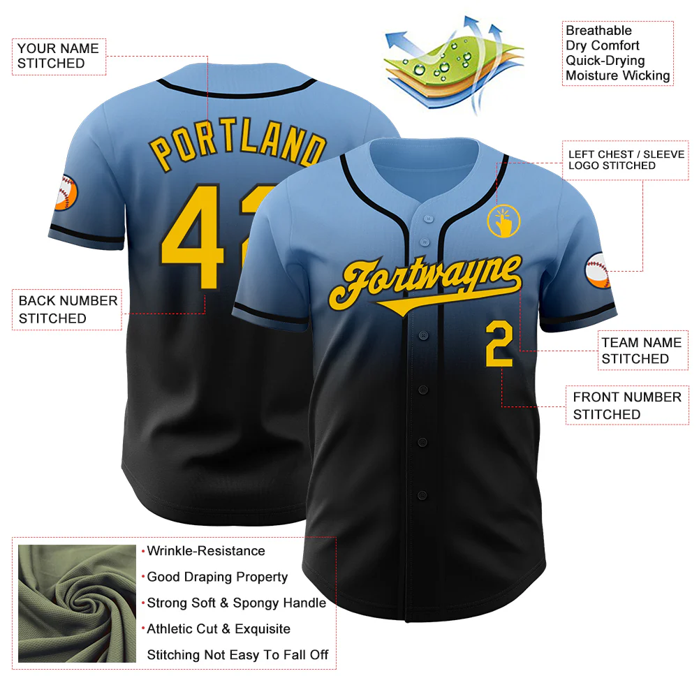 Custom Light Blue Yellow-Black Authentic Fade Fashion Baseball Jersey - Image 3