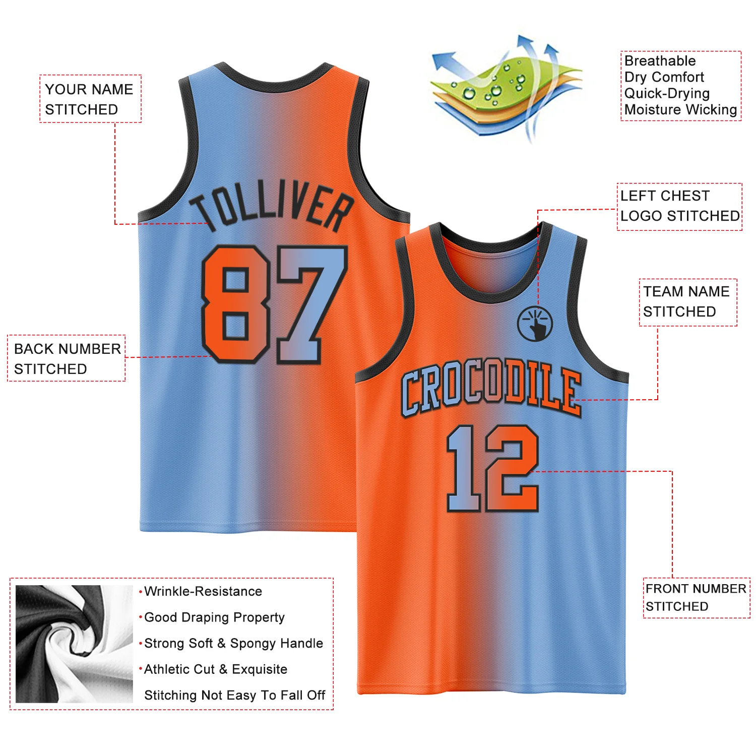 Custom Light Blue Orange-Black Authentic Gradient Fashion Basketball Jersey - Image 3