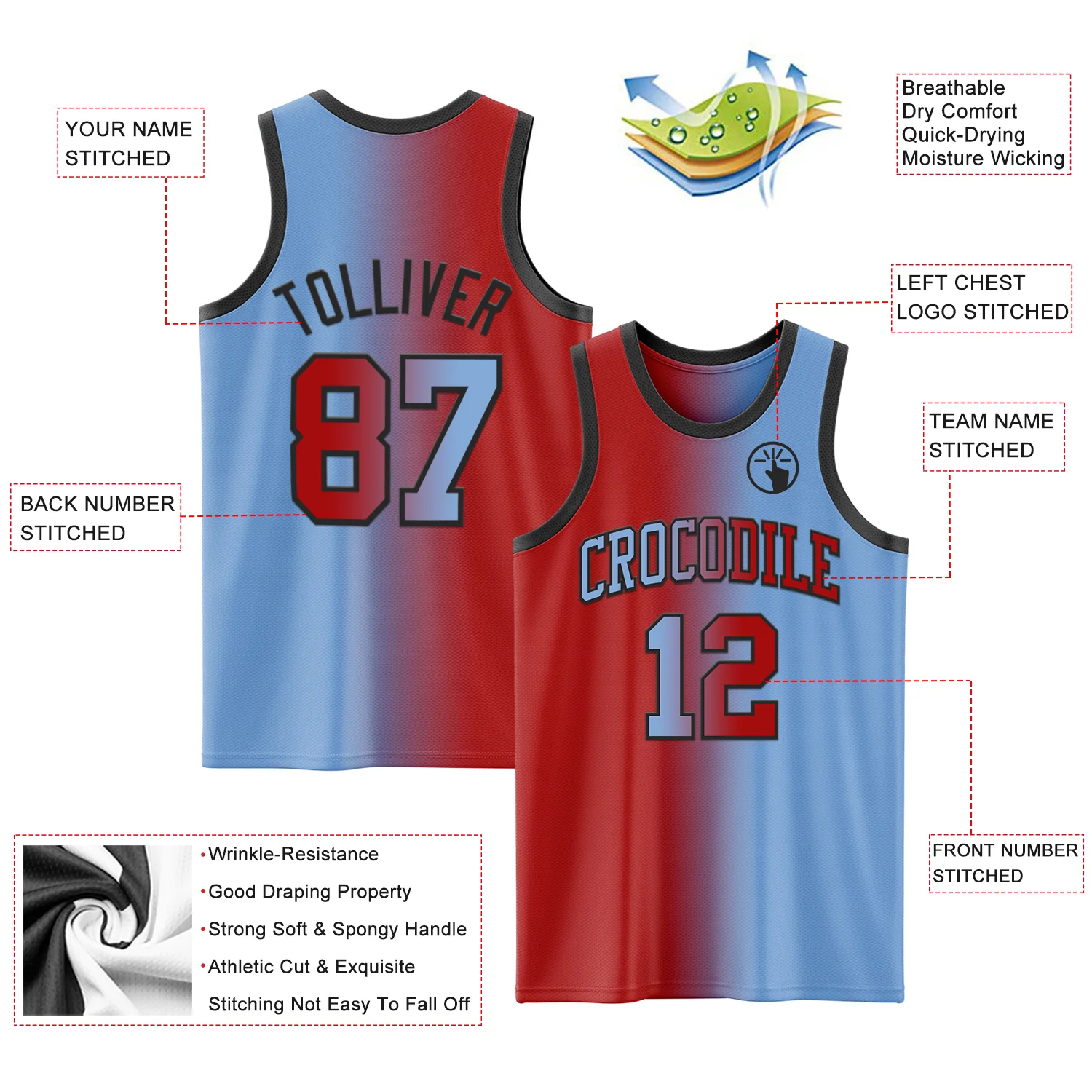 Custom Light Blue Red-Black Authentic Gradient Fashion Basketball Jersey - Image 3
